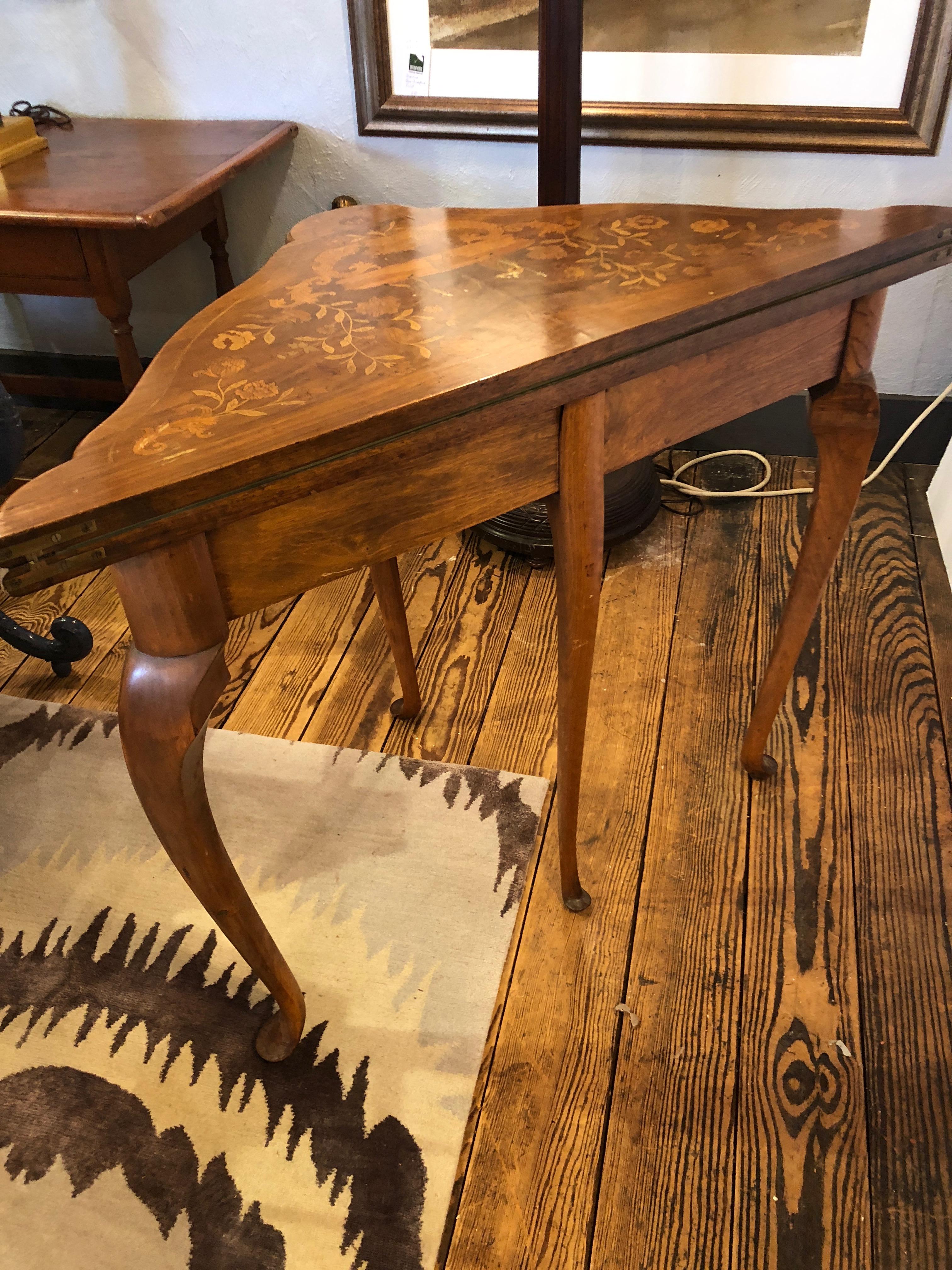 Lovely Triangular Mixed Wood Intricately Inlaid Table the Opens to Card Table 5