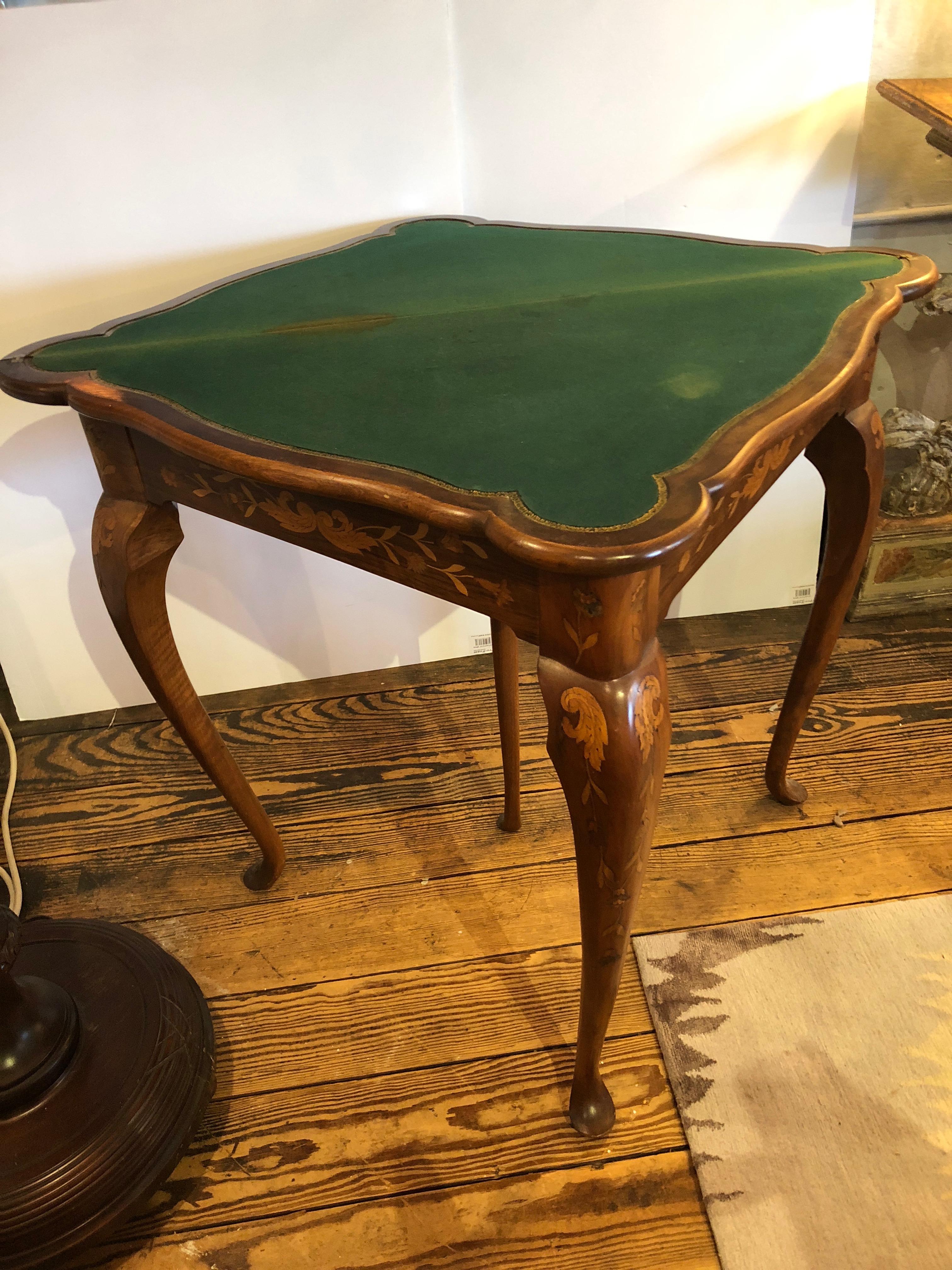Lovely Triangular Mixed Wood Intricately Inlaid Table the Opens to Card Table 2