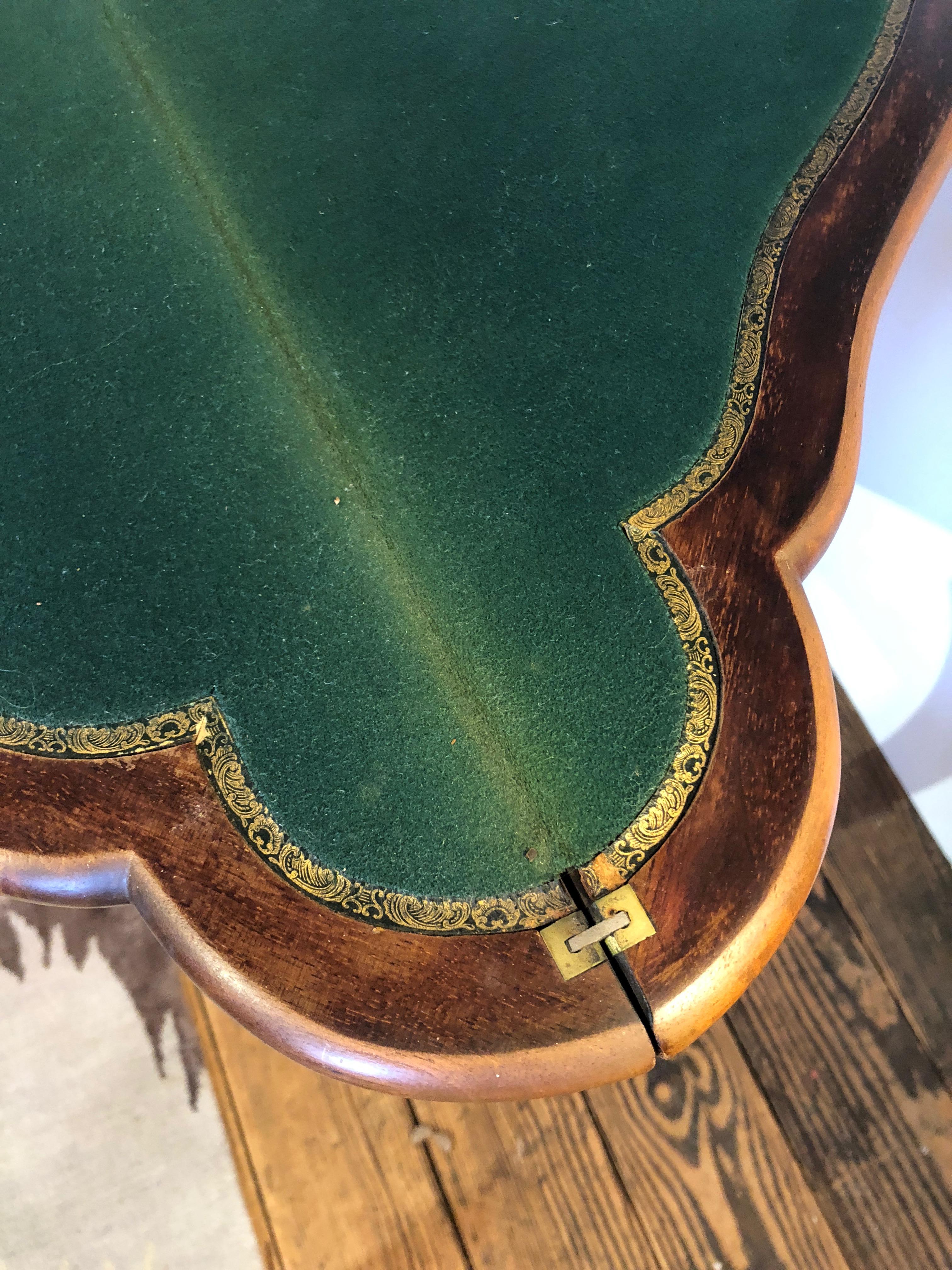 Lovely Triangular Mixed Wood Intricately Inlaid Table the Opens to Card Table 3