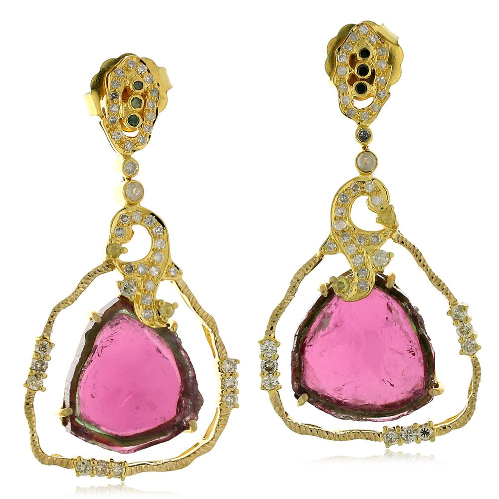 Lovely Trillion Shape Watermelon Tourmaline Earring with Diamonds In New Condition In New York, NY