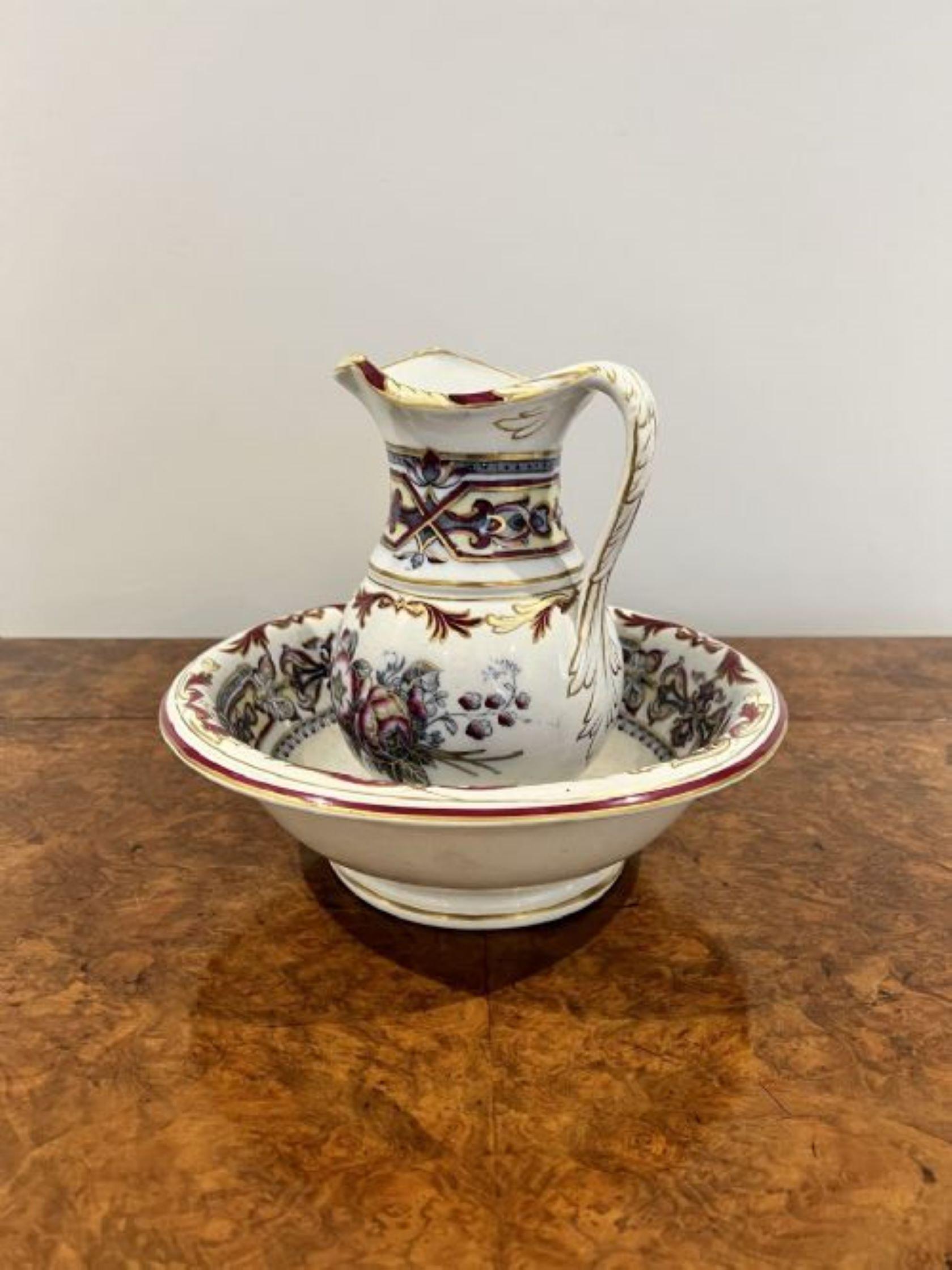 Lovely unusual antique Victorian miniature jug and bowl set having a lovely unusual quality antique Victorian jug and bowl set with floral detail in wonderful red, gold, yellow and blue colours. 