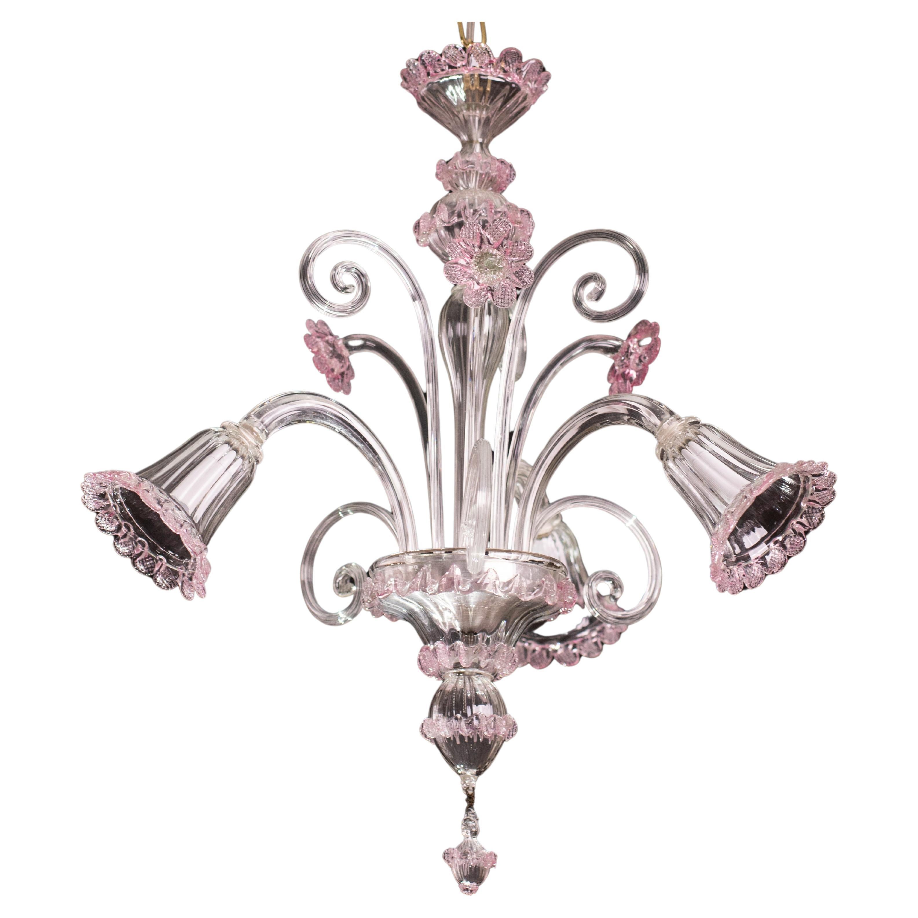 Schöner venezianischer Kronleuchter, rosa Muranoglas, 1950er Jahre