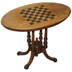 Lovely Victorian 1880 Walnut and Boxwood Marquetry Inlaid Chess Games Oval Table