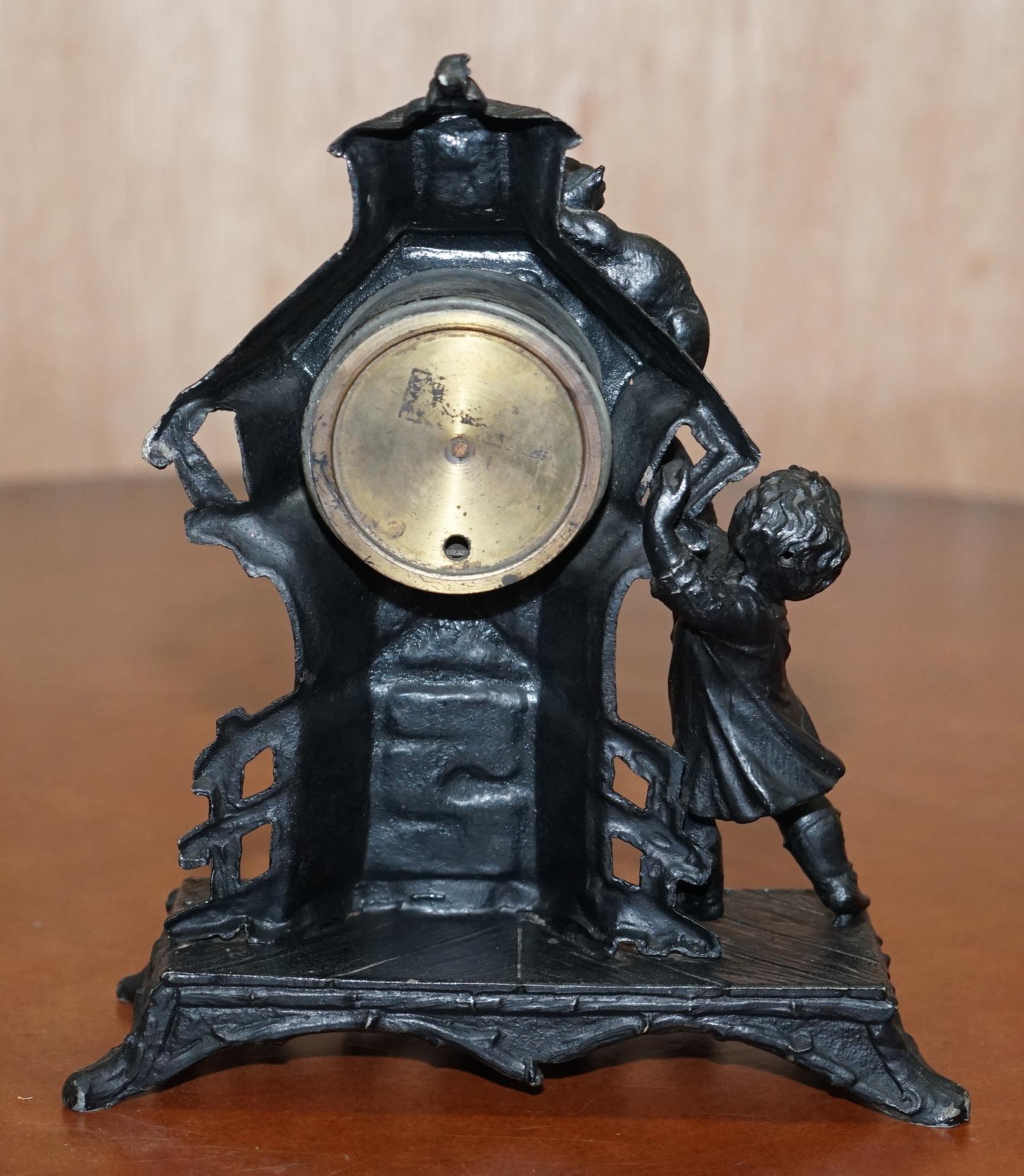 Lovely Victorian Boy Chasing a Cat Met Aneroid Barometer Painted Cast Iron For Sale 4