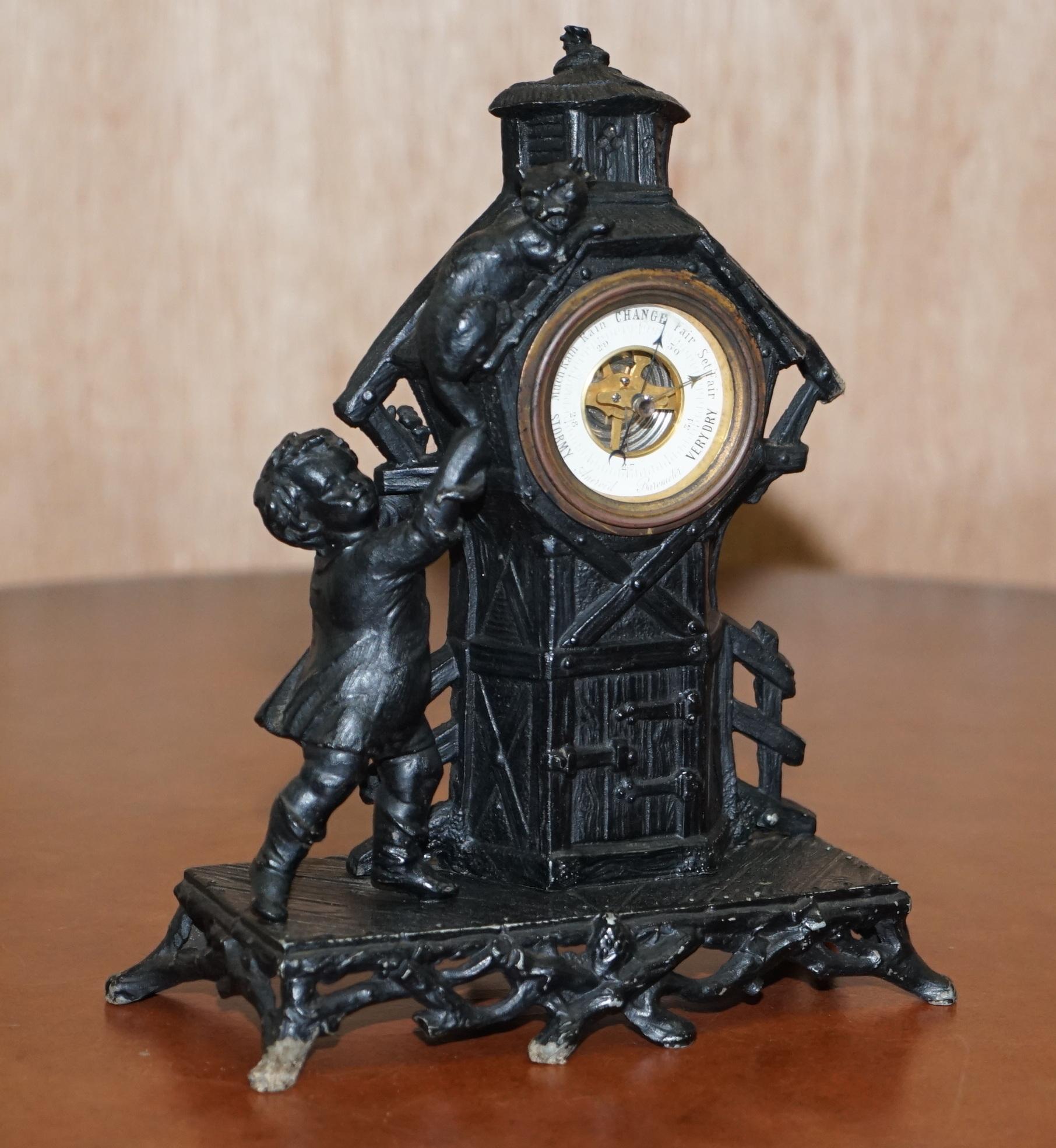 We are delighted to offer for sale this Victorian boy chasing a cat cast iron aneroid barometer

Dimensions:

Height 27cm

Width 23cm

Depth 9.5cm

Please note all measurements are taken at the widest point

This item is available for