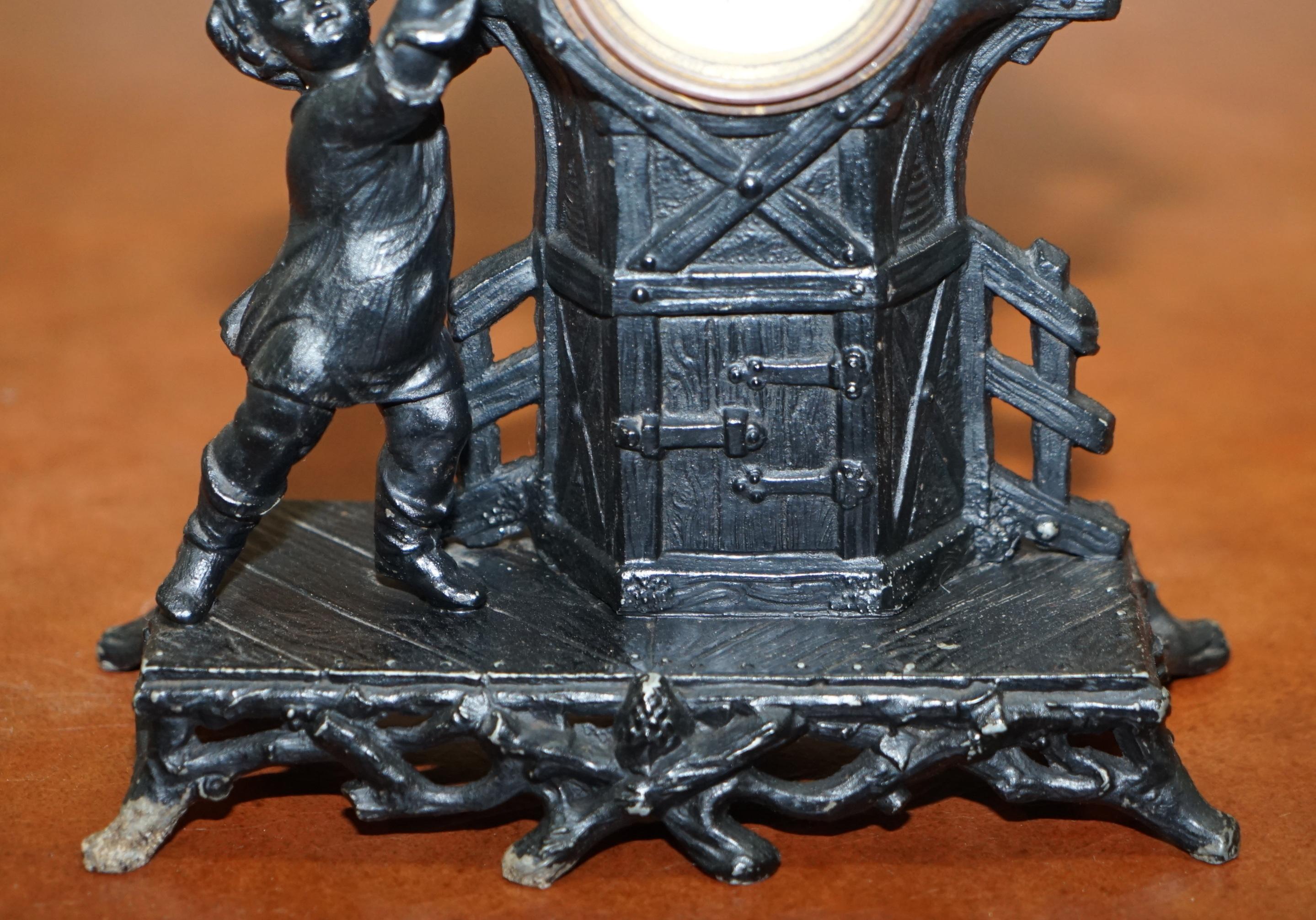 Hand-Crafted Lovely Victorian Boy Chasing a Cat Met Aneroid Barometer Painted Cast Iron For Sale