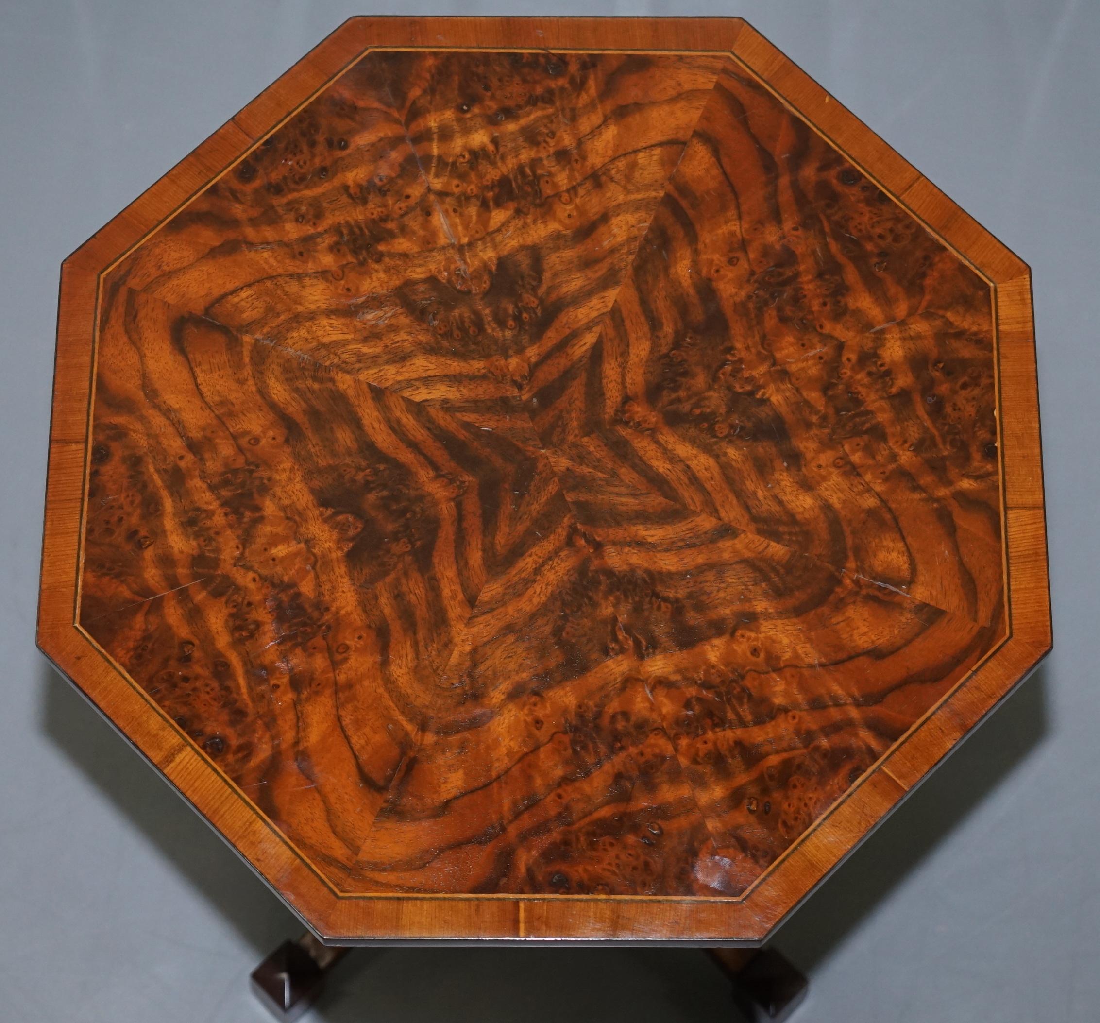 We are delighted to offer for sale this stunning late Victorian Burr Walnut octagonal side table on downs wept supports

A very good looking and decorative burr walnut table, I’ve not seen many of this type before, it has a very nice finish to the