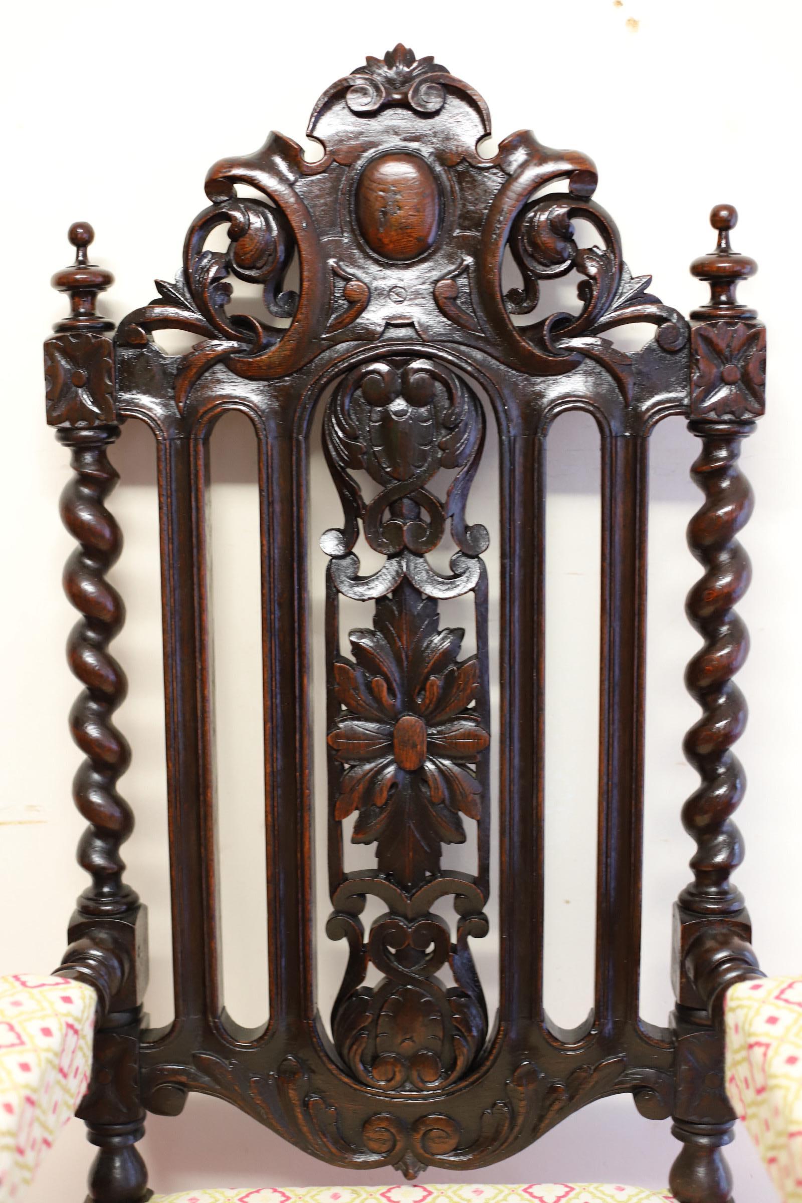 Fabric Lovely Victorian English Carved Oak Armchair For Sale