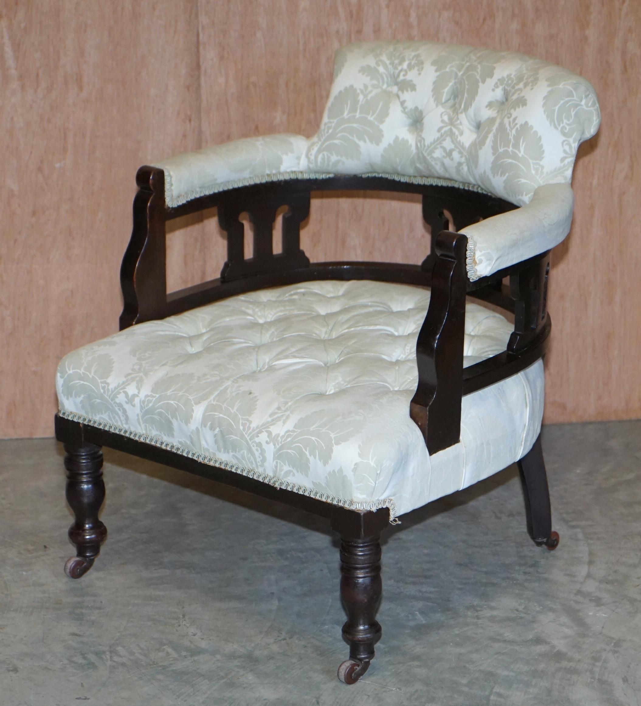 English Lovely Victorian Fabric Upholstered Chesterfield Occasional Captains Armchair