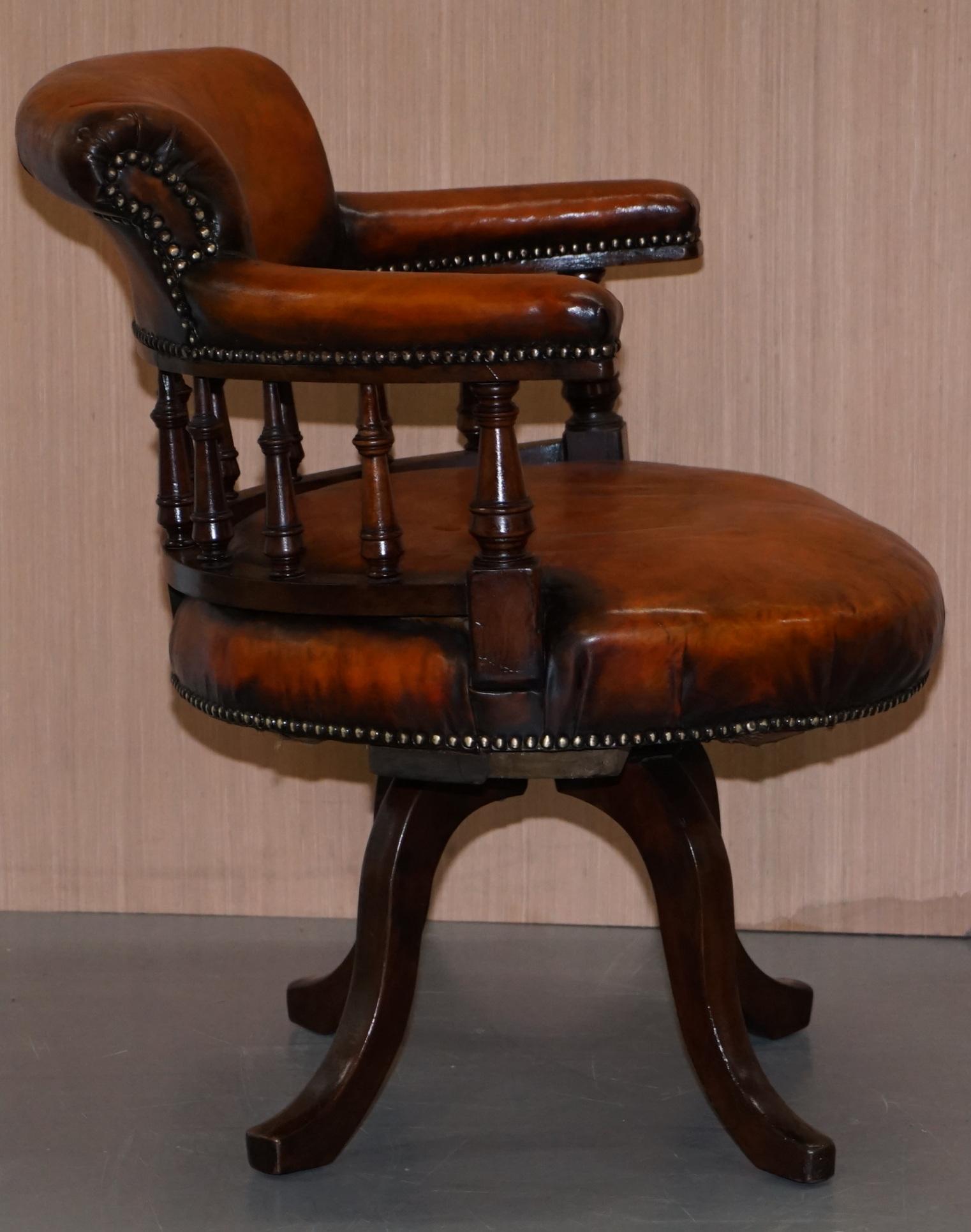 Lovely Victorian Fully Restored Brown Leather Ships Captains Swivel Office Chair 4