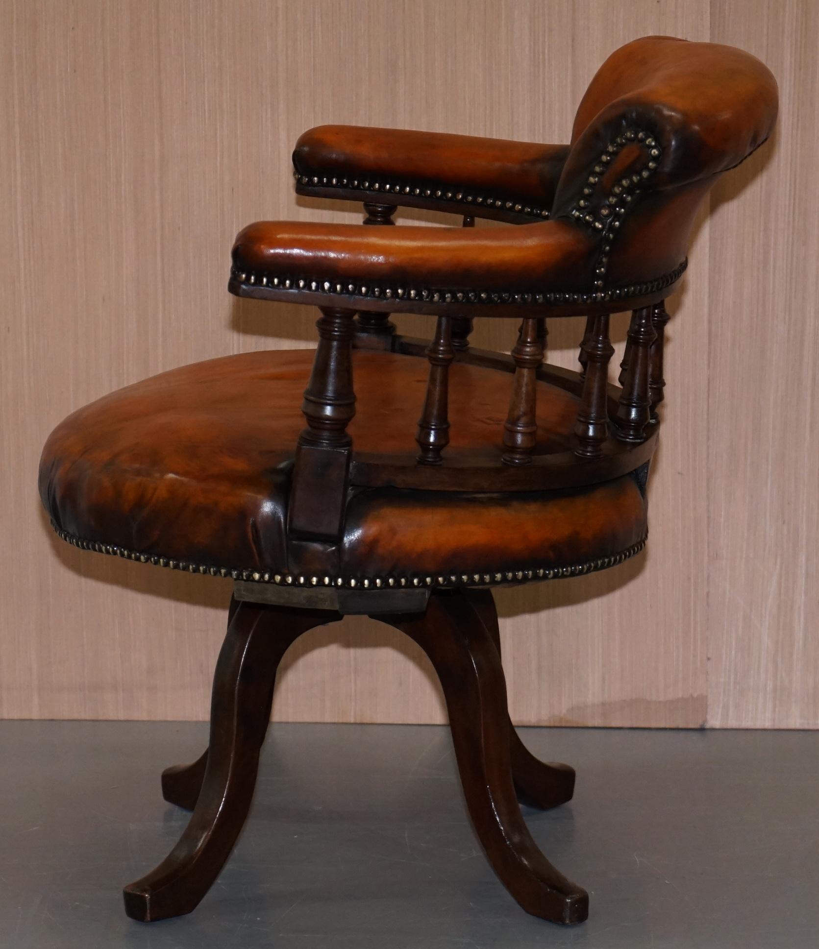 Lovely Victorian Fully Restored Brown Leather Ships Captains Swivel Office Chair 8