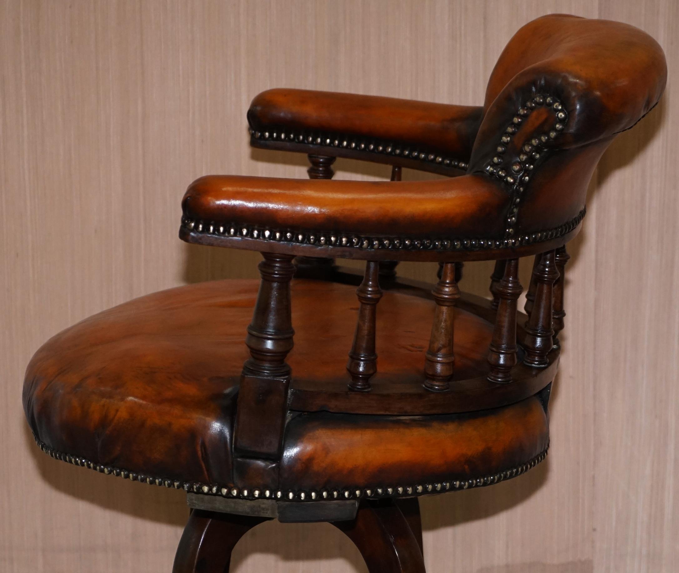 Lovely Victorian Fully Restored Brown Leather Ships Captains Swivel Office Chair 9