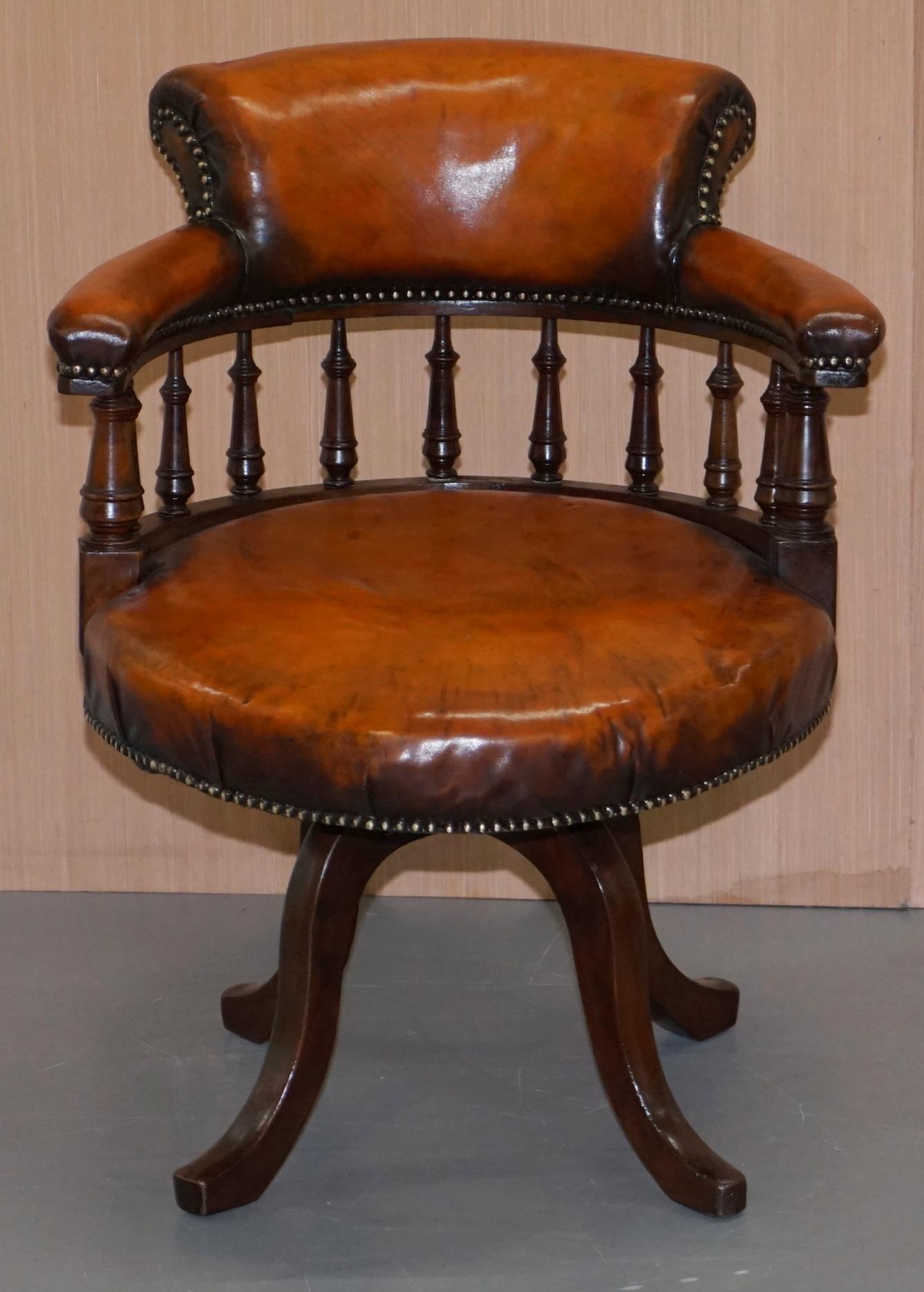 We are delighted to offer for sale this absolutely stunning fully restored hand dyed aged brown leather early Victorian ships captains chair

This chair is just about as fine as you find anywhere, it has been upholstered with premium natural
