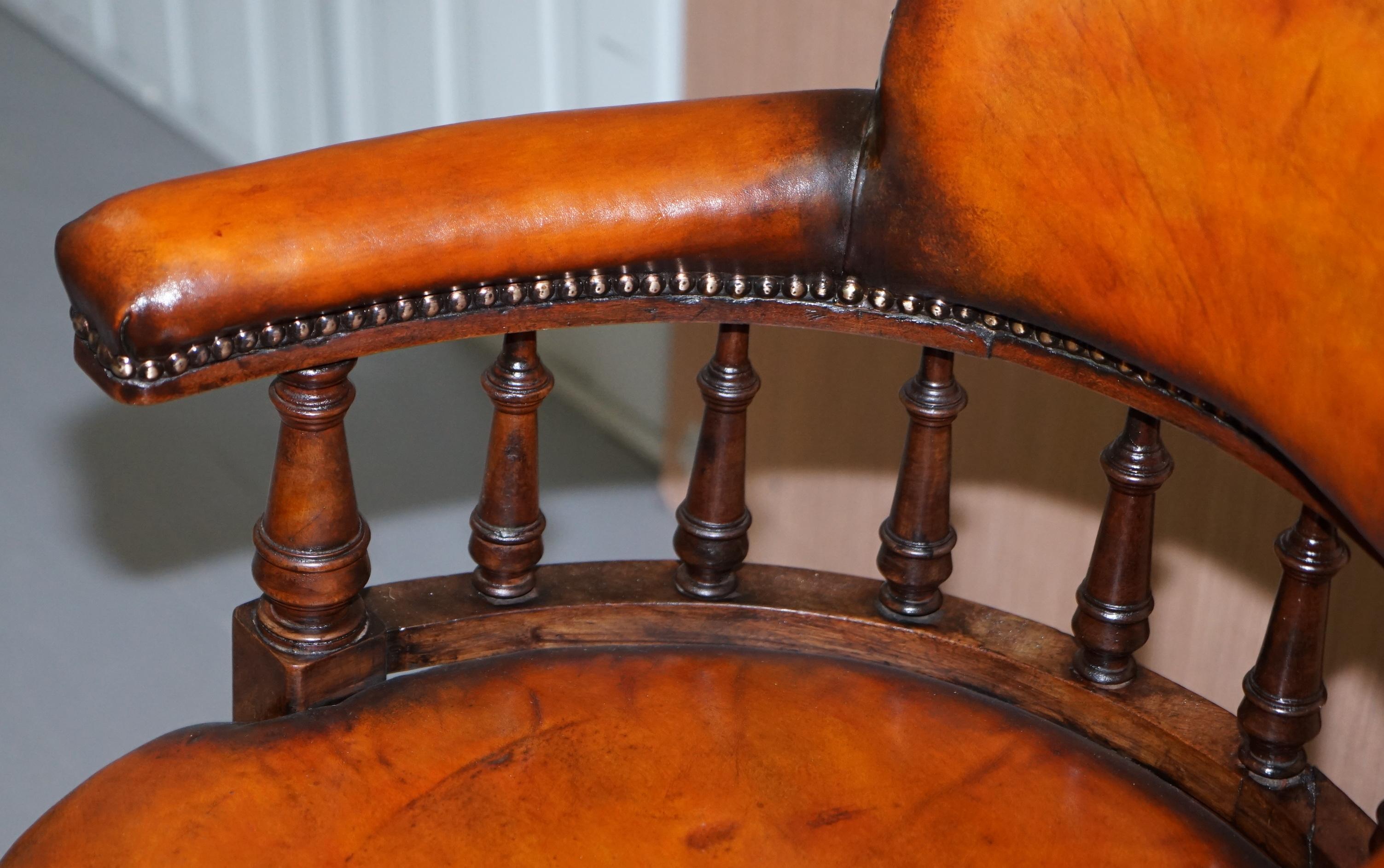 19th Century Lovely Victorian Fully Restored Brown Leather Ships Captains Swivel Office Chair
