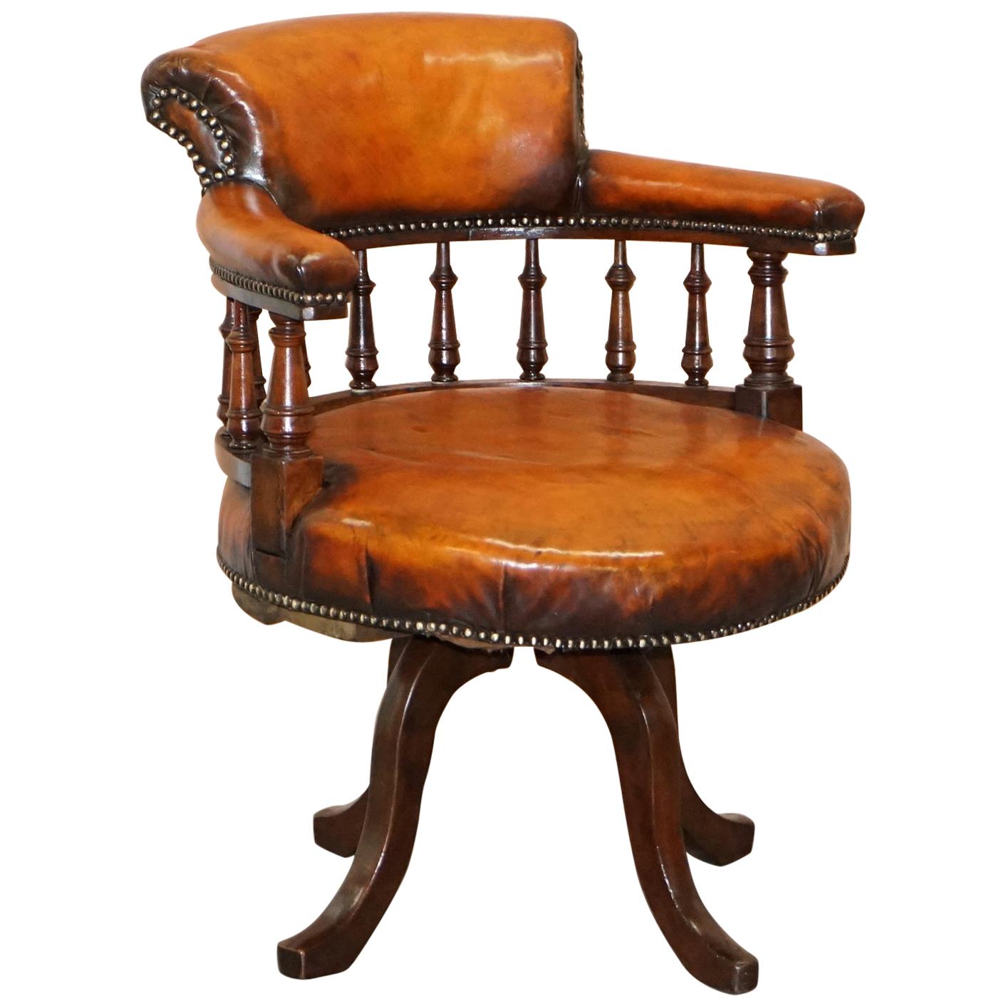Lovely Victorian Fully Restored Brown Leather Ships Captains Swivel Office Chair