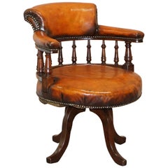 Antique Lovely Victorian Fully Restored Brown Leather Ships Captains Swivel Office Chair