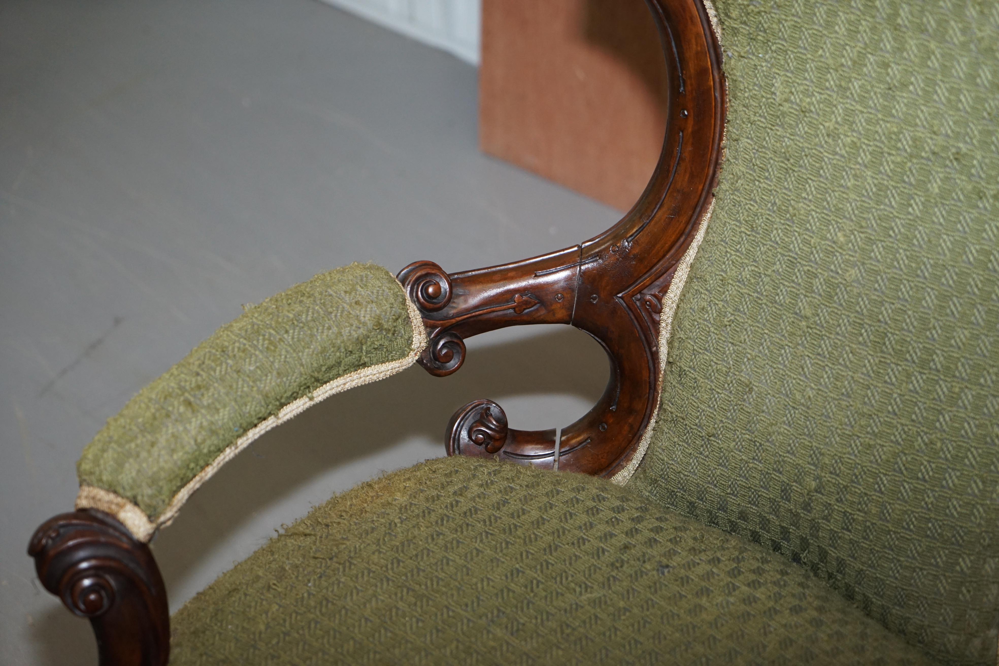 Upholstery Lovely Victorian Library Reading Carved Wood Show Framed Armchair Original For Sale