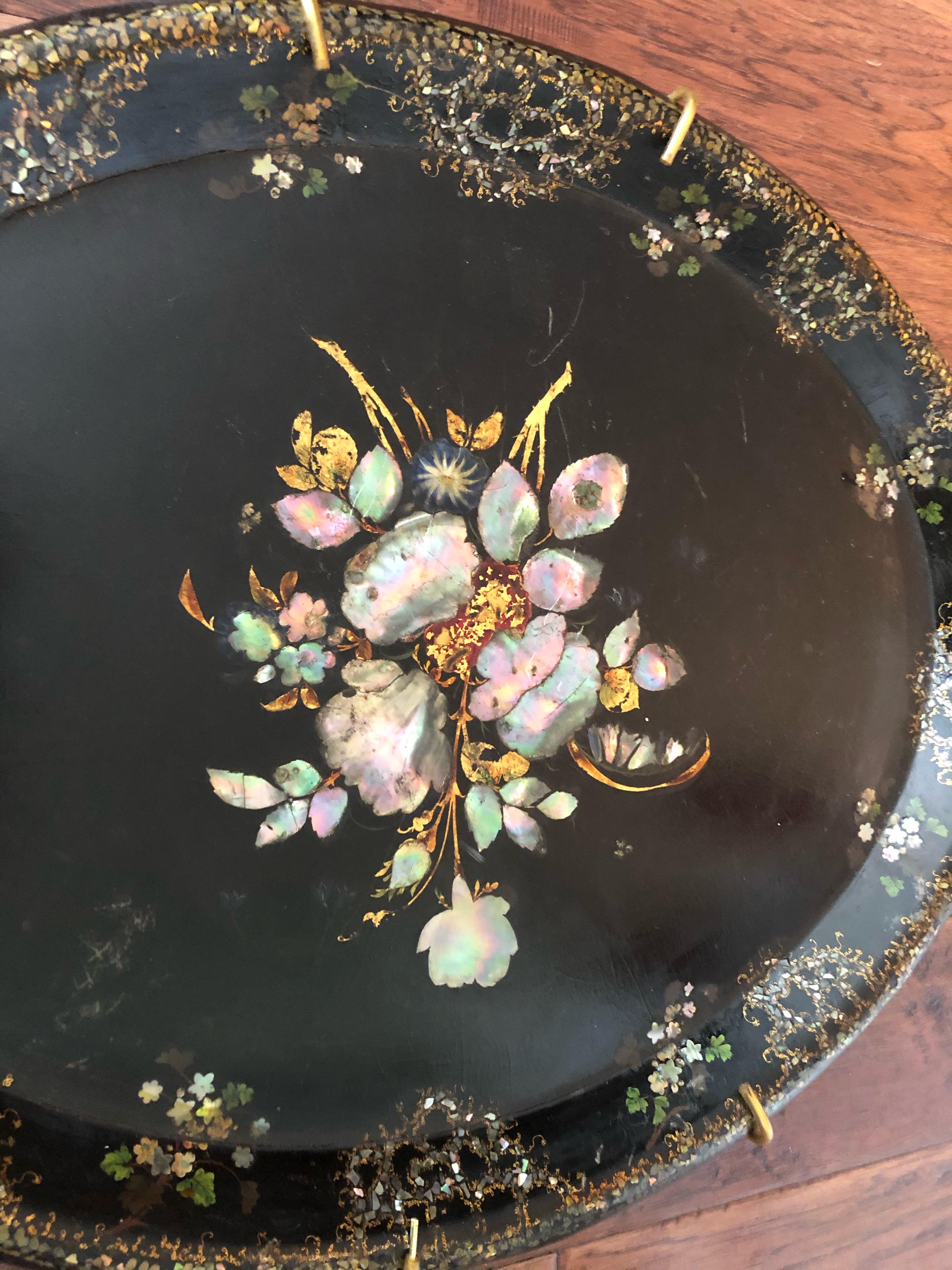 Lovely Victorian Paper Mache & Inlay Oval Tray In Good Condition In Hopewell, NJ