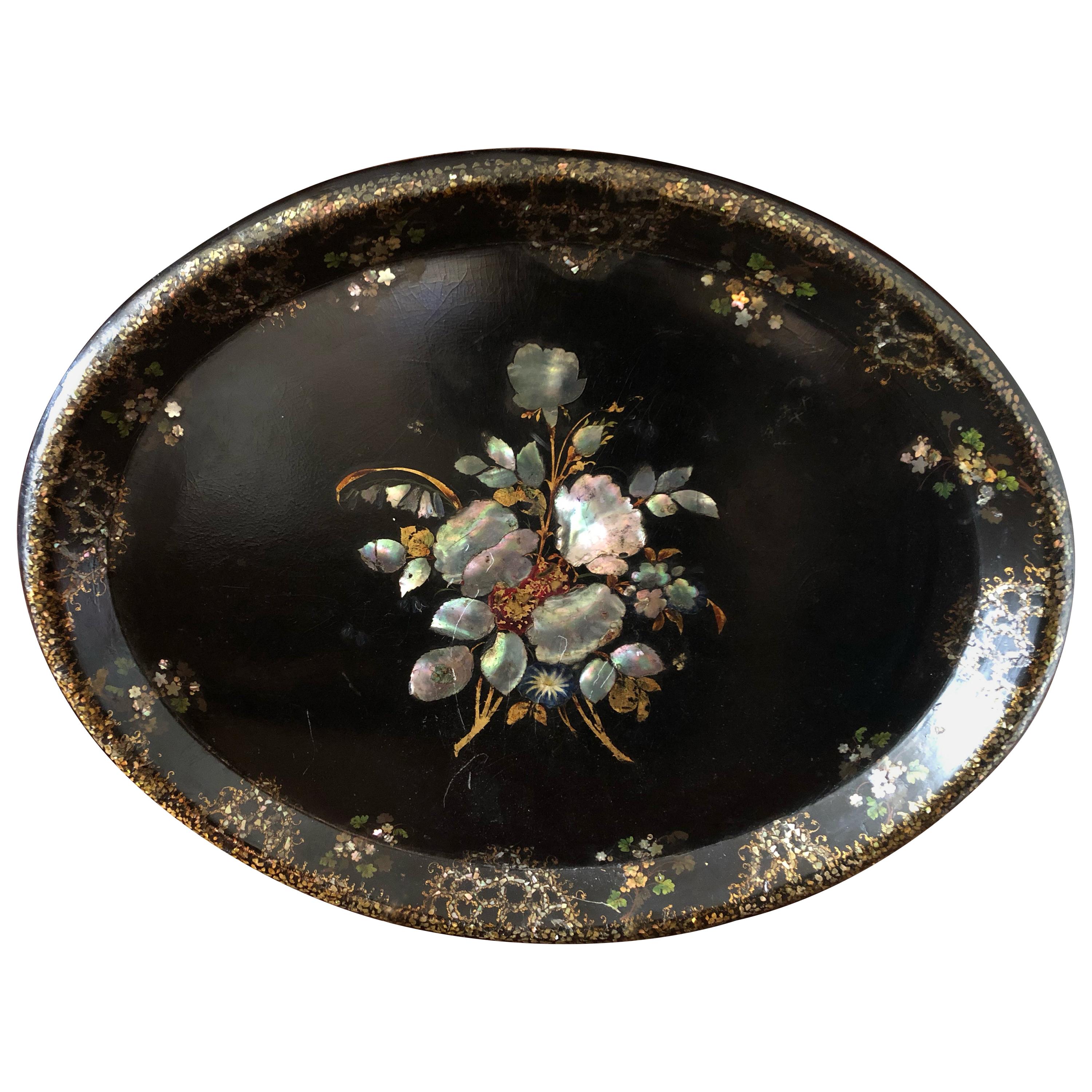Lovely Victorian Paper Mache & Inlay Oval Tray
