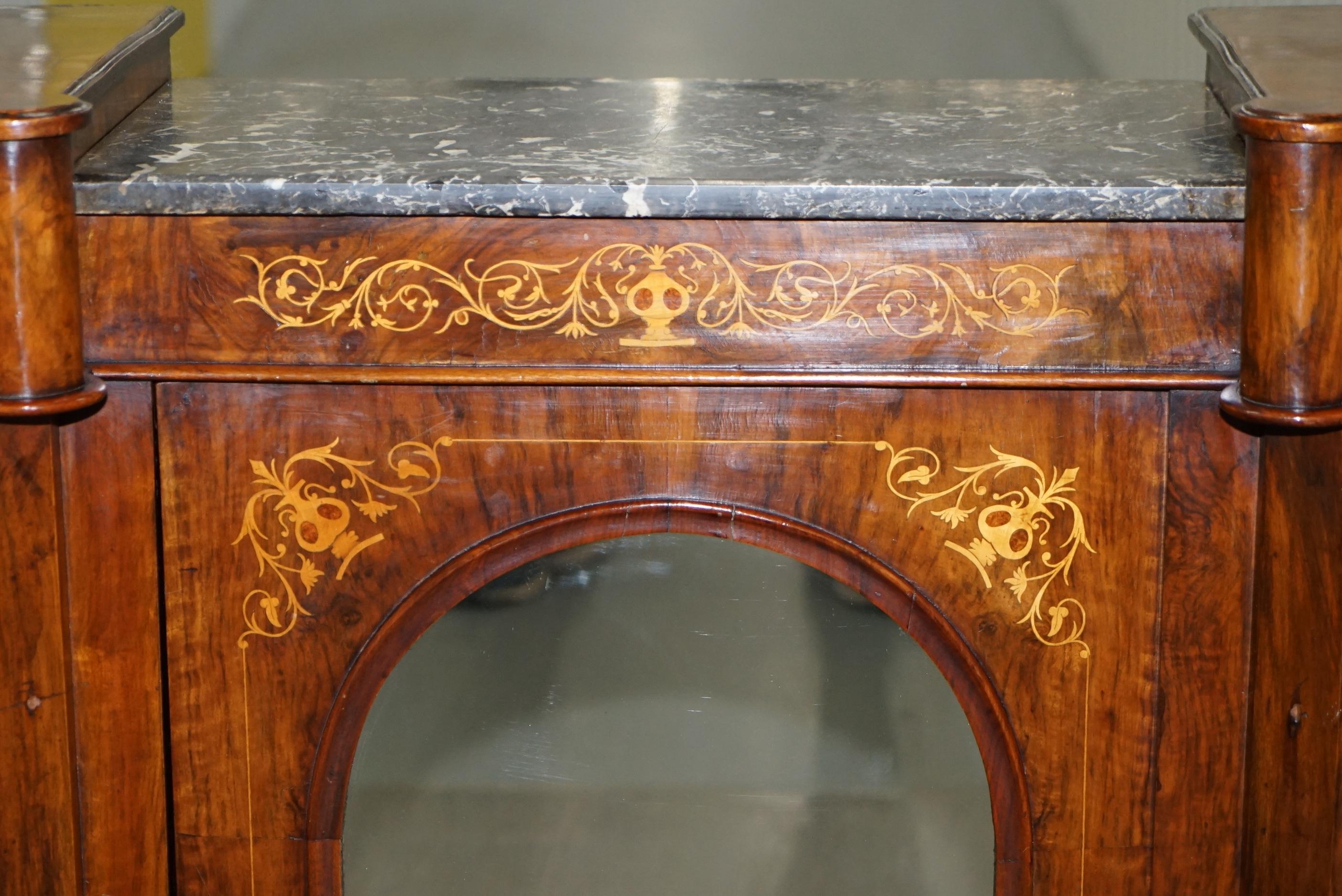 Lovely Victorian Walnut Marquetry Inlaid Credenza Sideboard Marble Top Mirrored For Sale 4