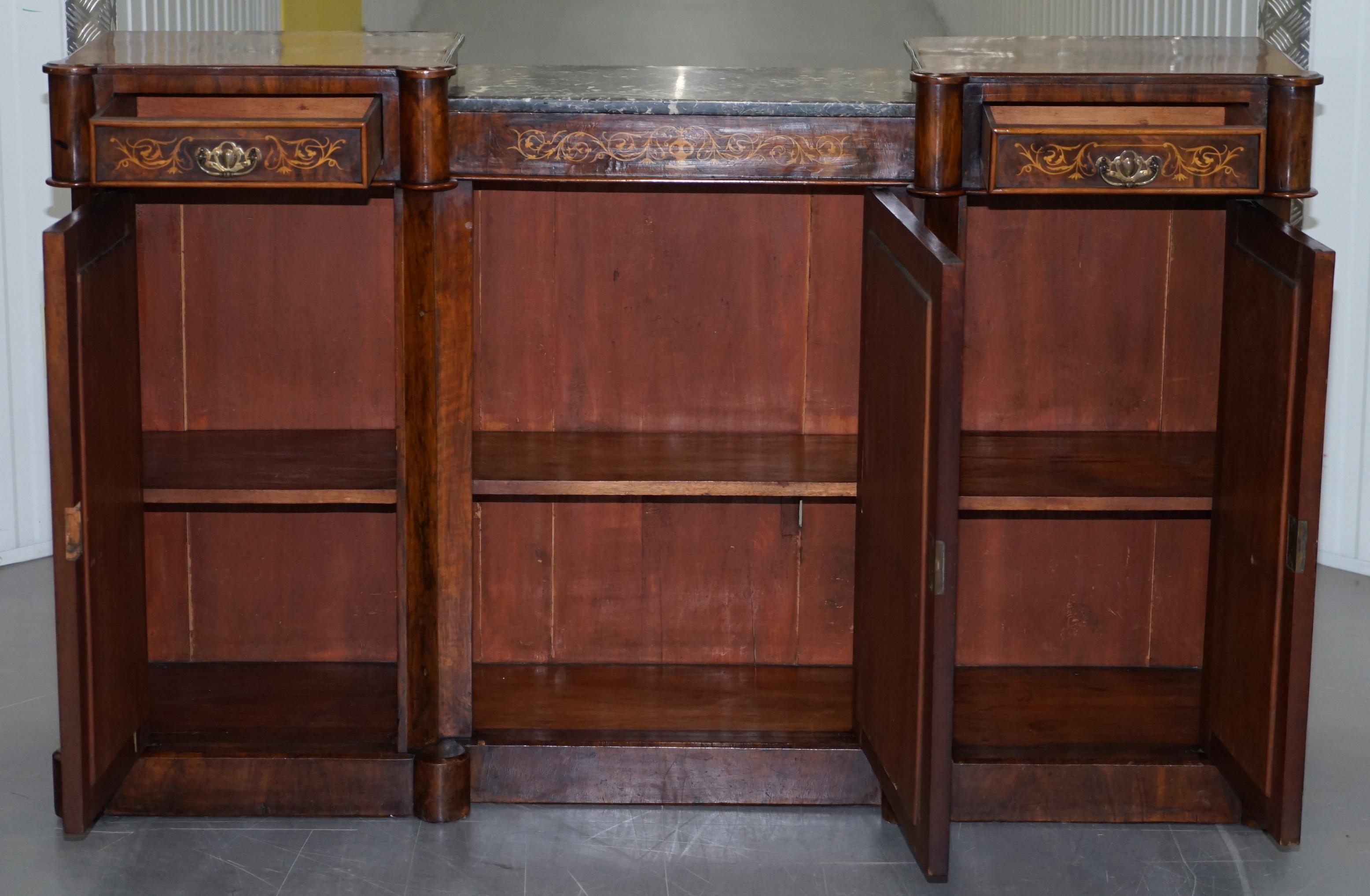 Lovely Victorian Walnut Marquetry Inlaid Credenza Sideboard Marble Top Mirrored For Sale 9