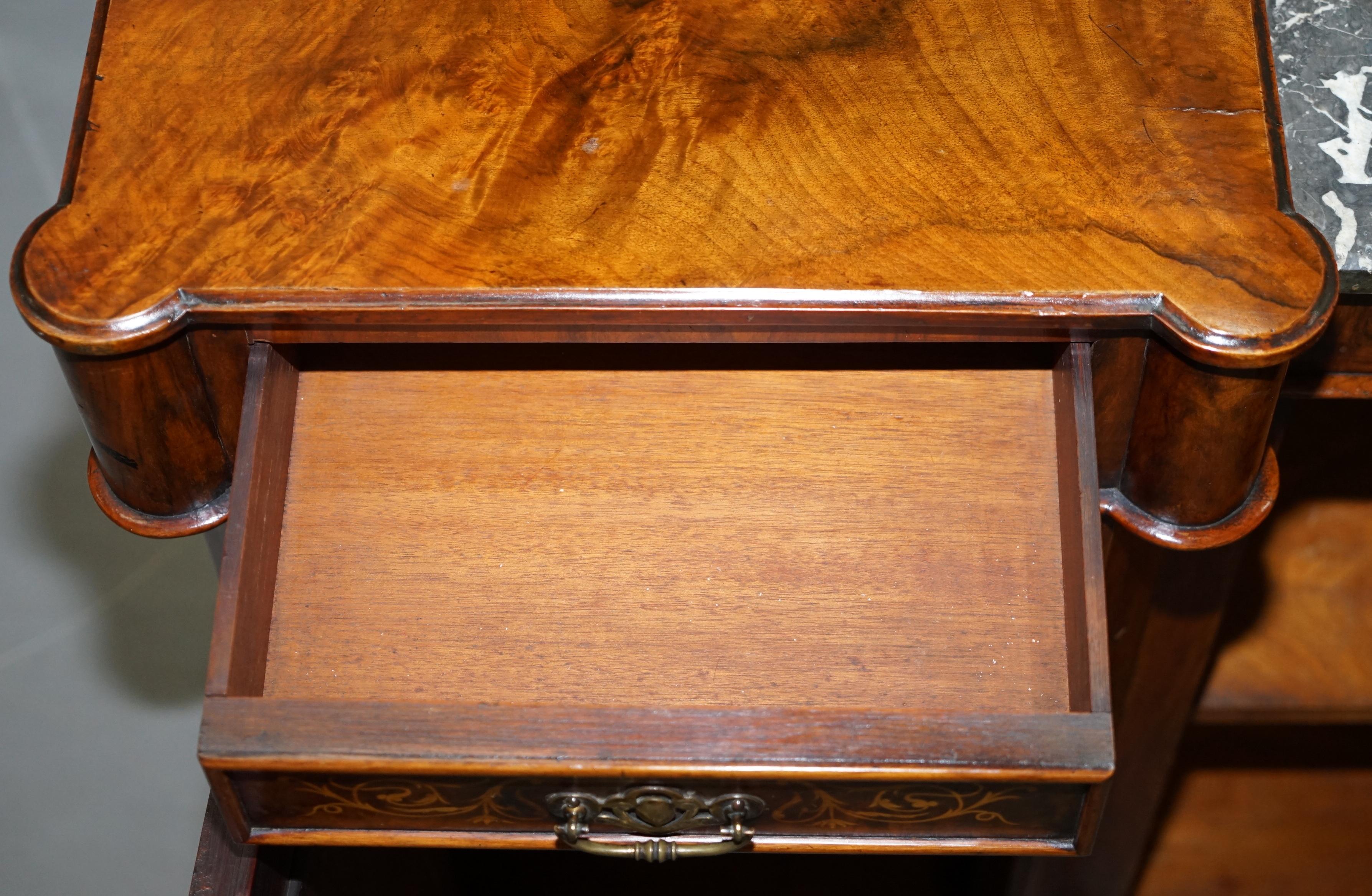 Lovely Victorian Walnut Marquetry Inlaid Credenza Sideboard Marble Top Mirrored For Sale 11
