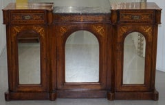 Lovely Victorian Walnut Marquetry Inlaid Credenza Sideboard Marble Top Mirrored