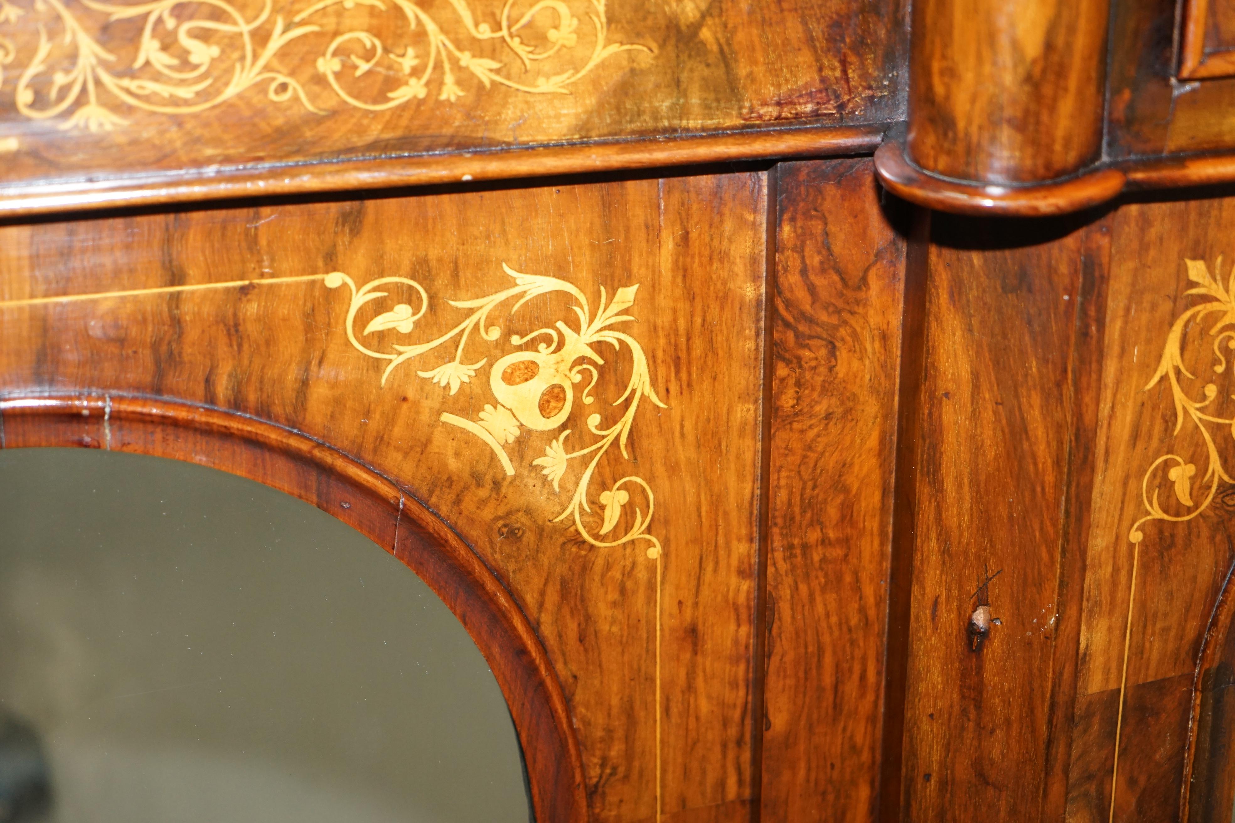 Lovely Victorian Walnut Marquetry Inlaid Credenza Sideboard Marble Top Mirrored For Sale 13