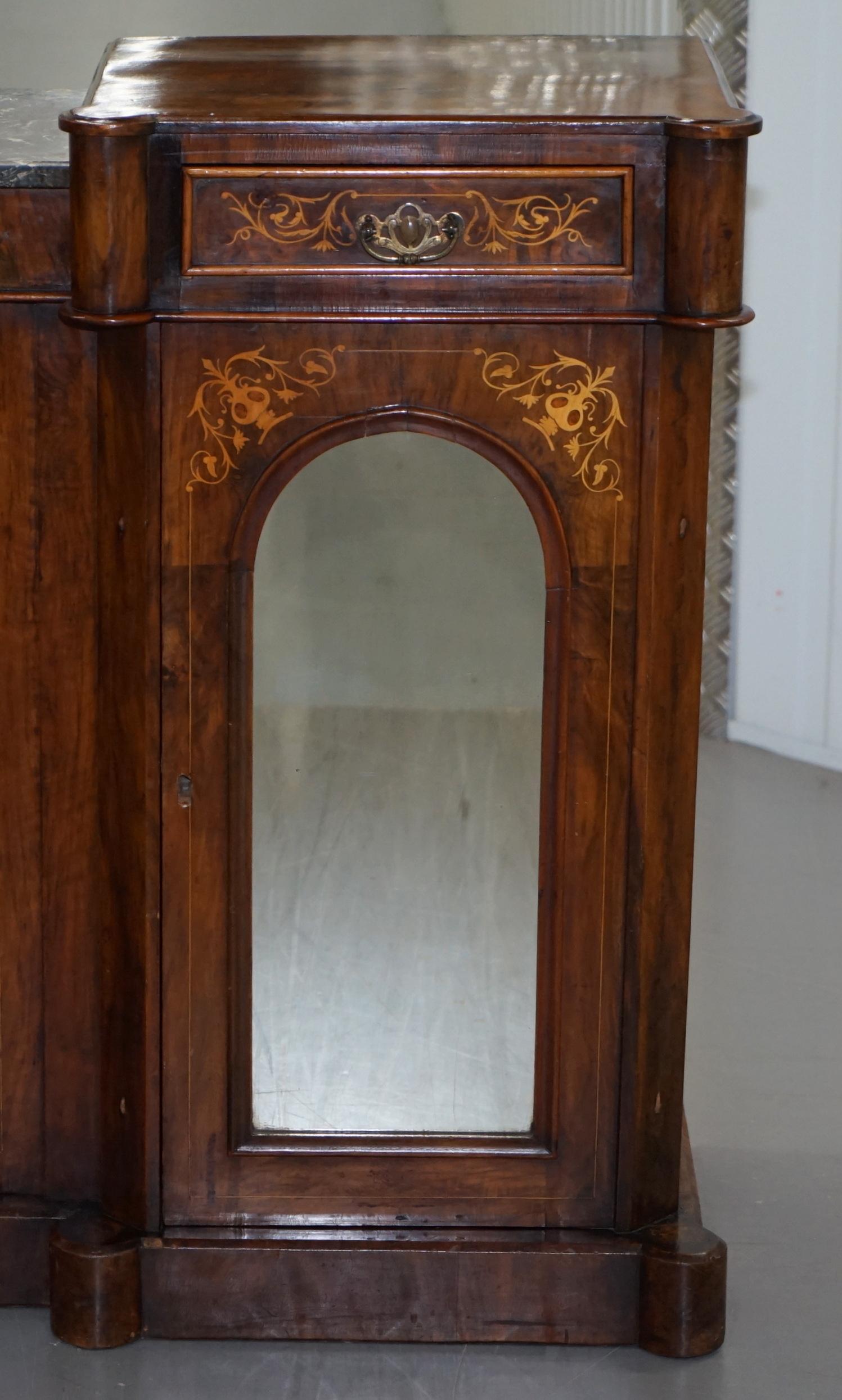Lovely Victorian Walnut Marquetry Inlaid Credenza Sideboard Marble Top Mirrored For Sale 1
