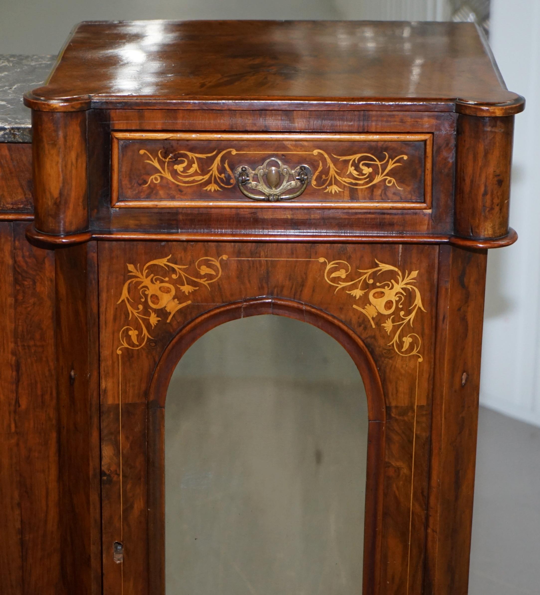 Lovely Victorian Walnut Marquetry Inlaid Credenza Sideboard Marble Top Mirrored For Sale 2