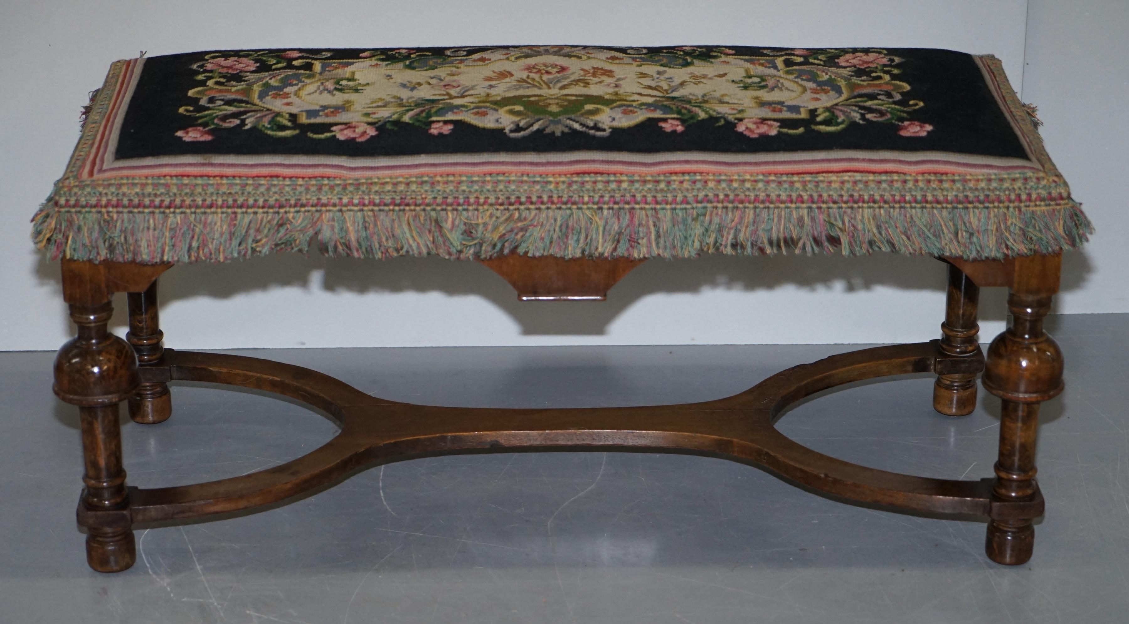 Lovely Victorian William Mary Style Bench Ottoman Footstool Lovely Carved Frame 6