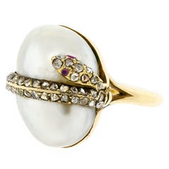 Lovely Vintage Baroque Pearl Diamond 14 Karat Snake Ring