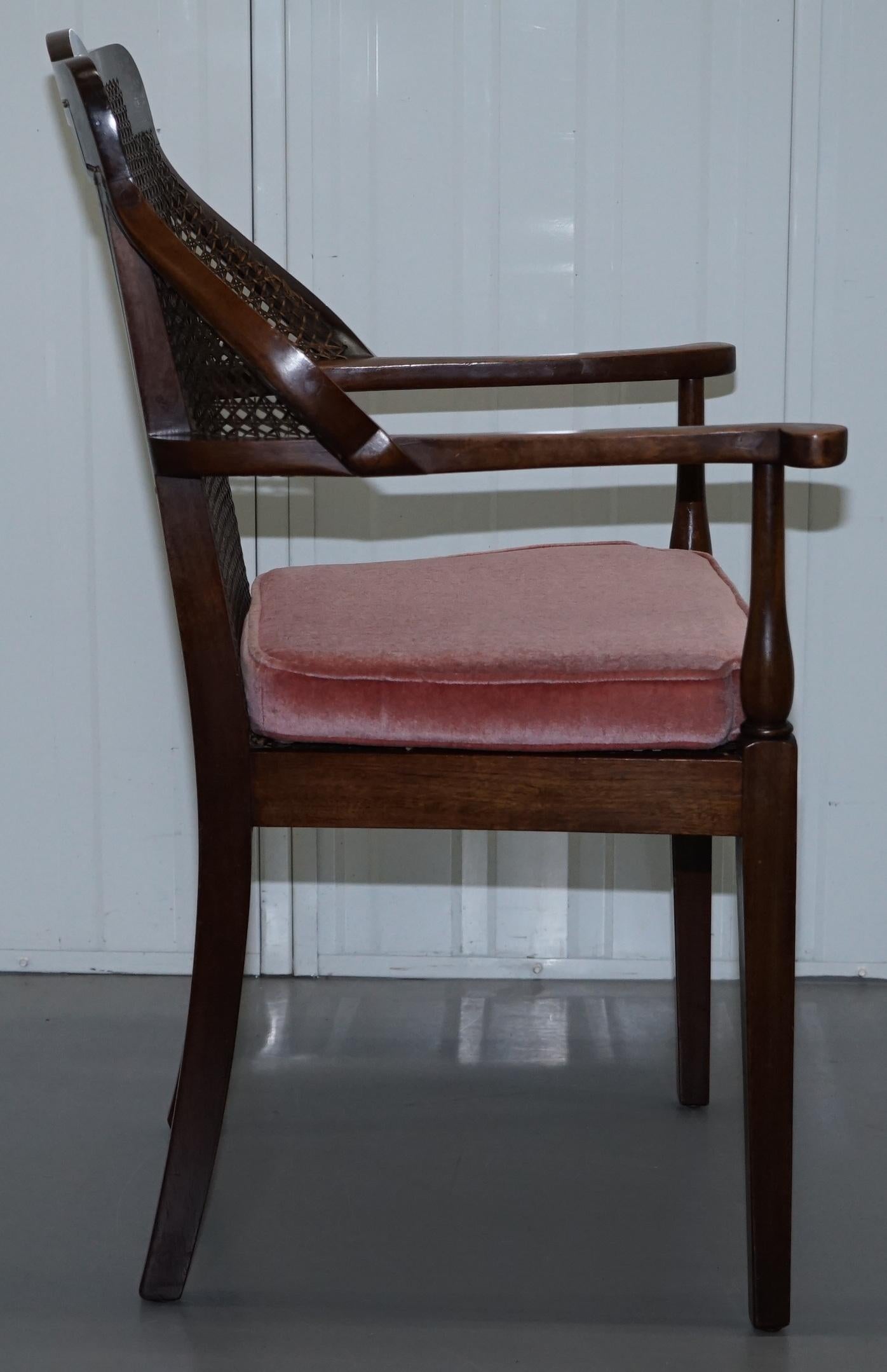 Lovely Vintage Berger Mahogany Carved Wood Rattan Armchair with Velour Cushion 5