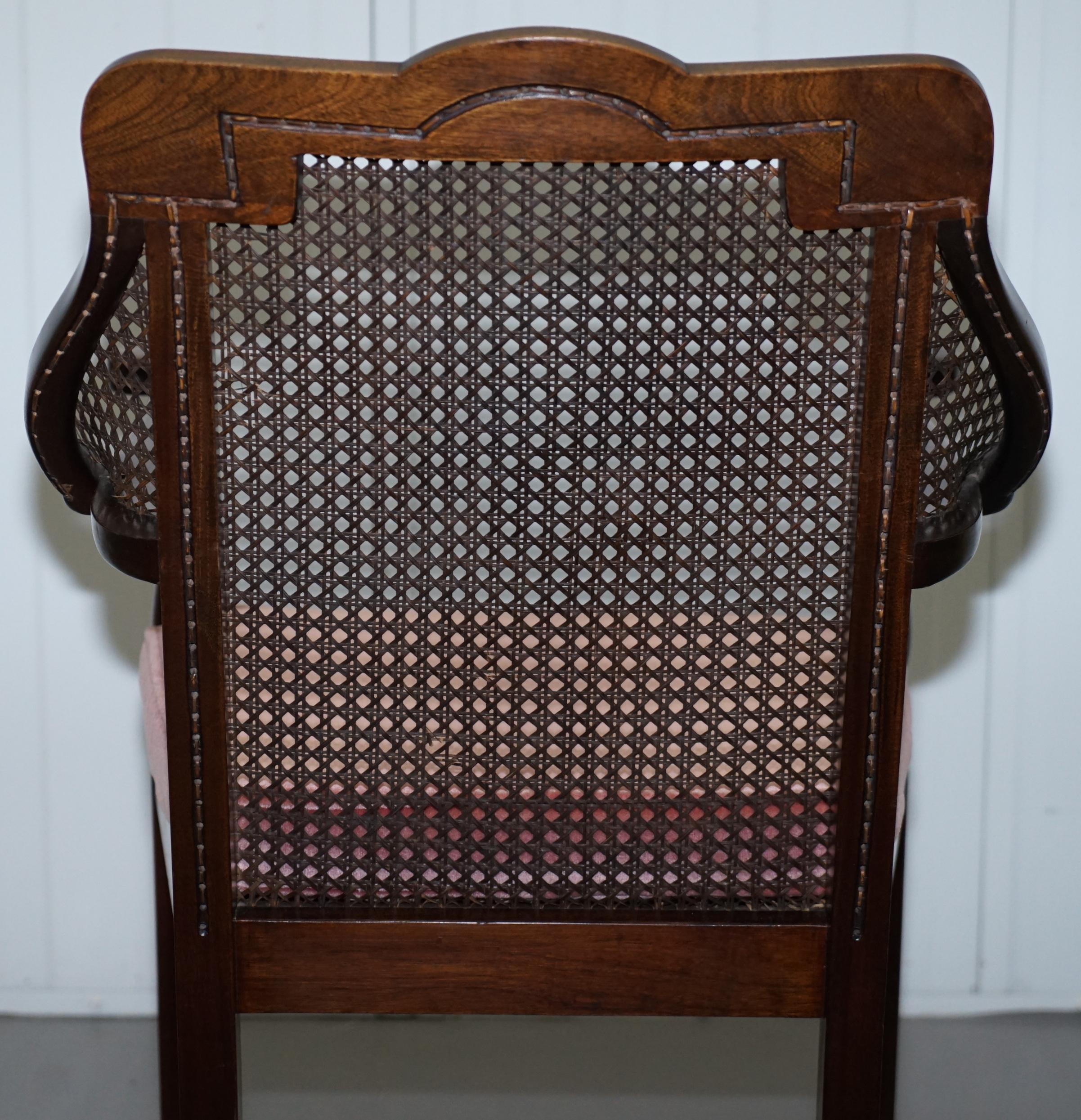 Lovely Vintage Berger Mahogany Carved Wood Rattan Armchair with Velour Cushion 10