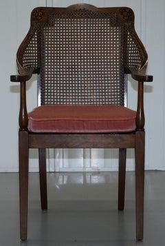 Lovely Vintage Berger Mahogany Carved Wood Rattan Armchair with Velour Cushion