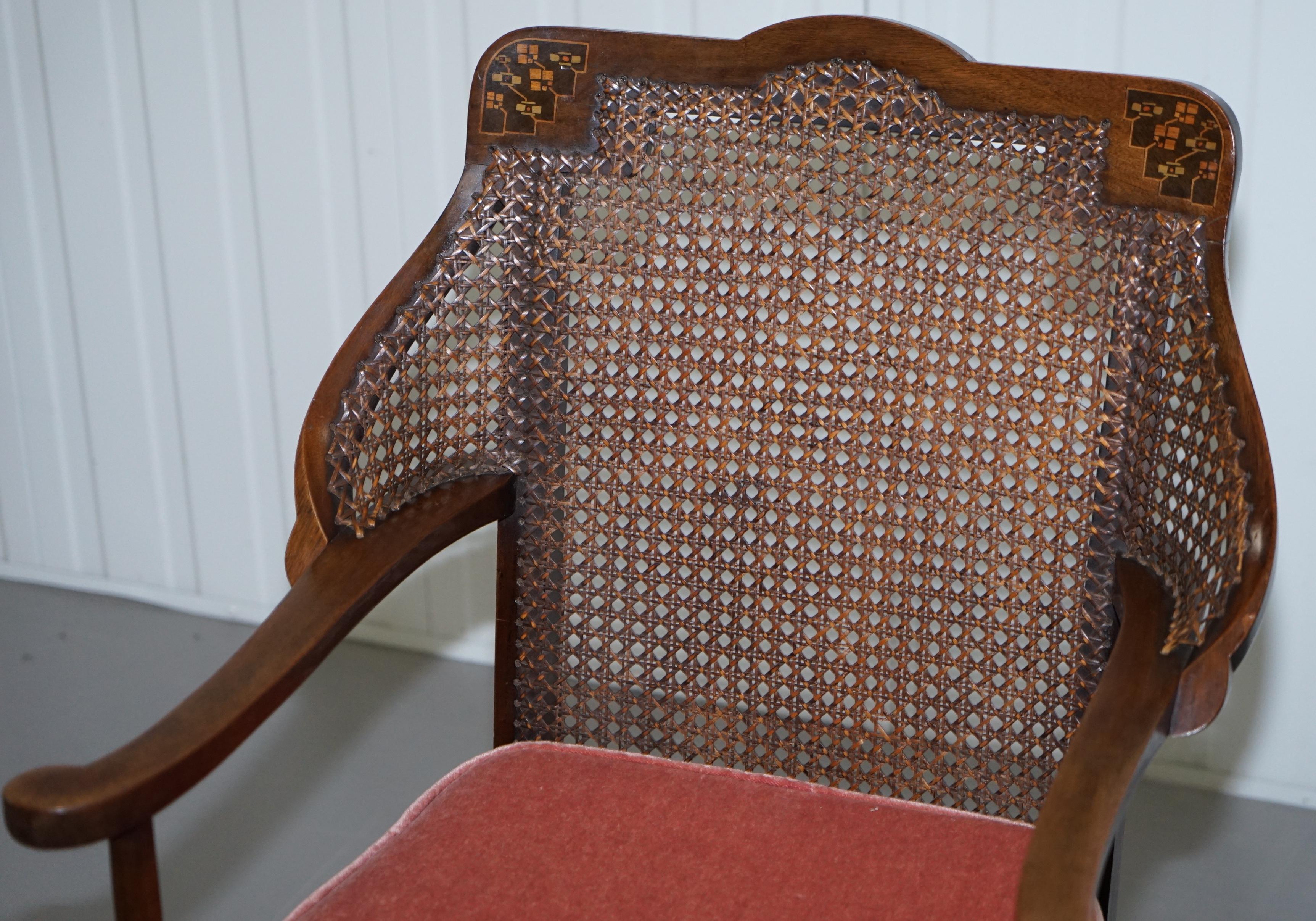 Edwardian Lovely Vintage Berger Mahogany Carved Wood Rattan Armchair with Velour Cushion