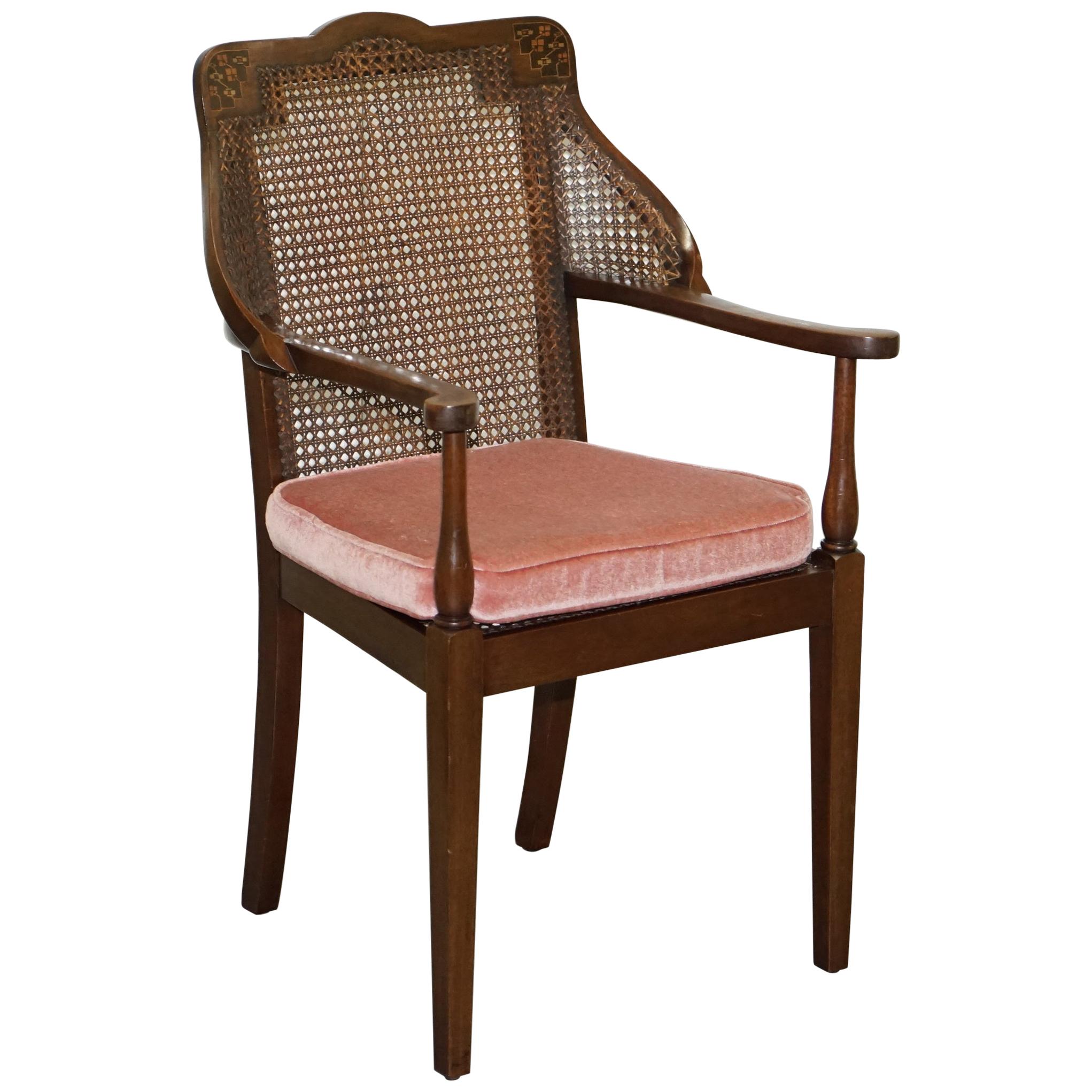 Lovely Vintage Berger Mahogany Carved Wood Rattan Armchair with Velour Cushion