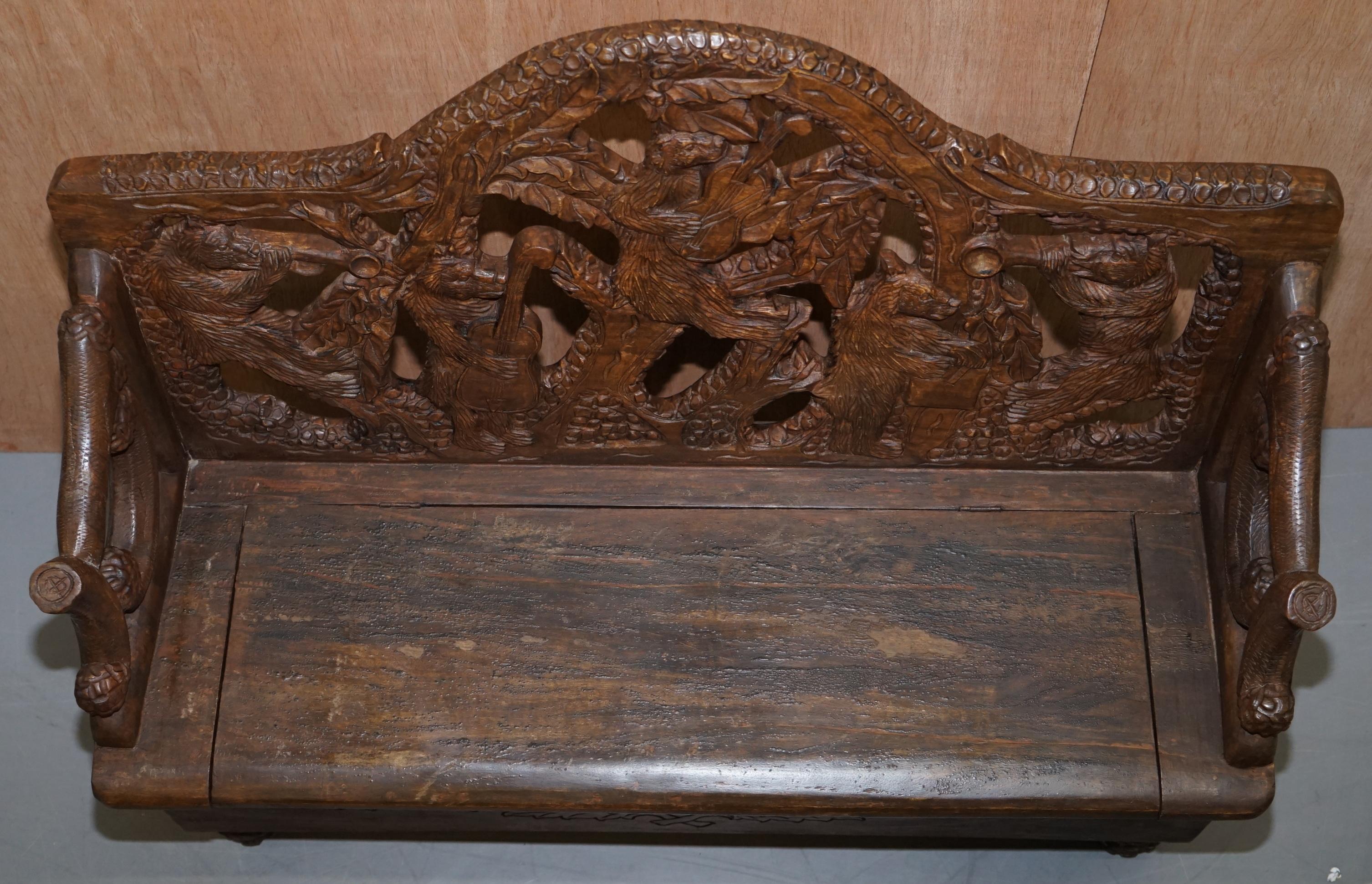 Lovely Vintage Black Forest Wood Bear Bench with Internal Storage Part of Suite 1