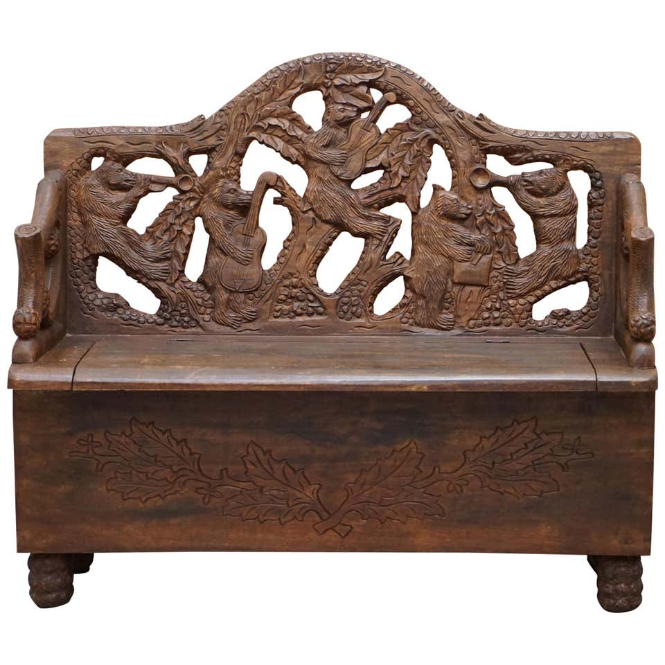 Lovely Vintage Black Forest Wood Bear Bench with Internal Storage Part ...