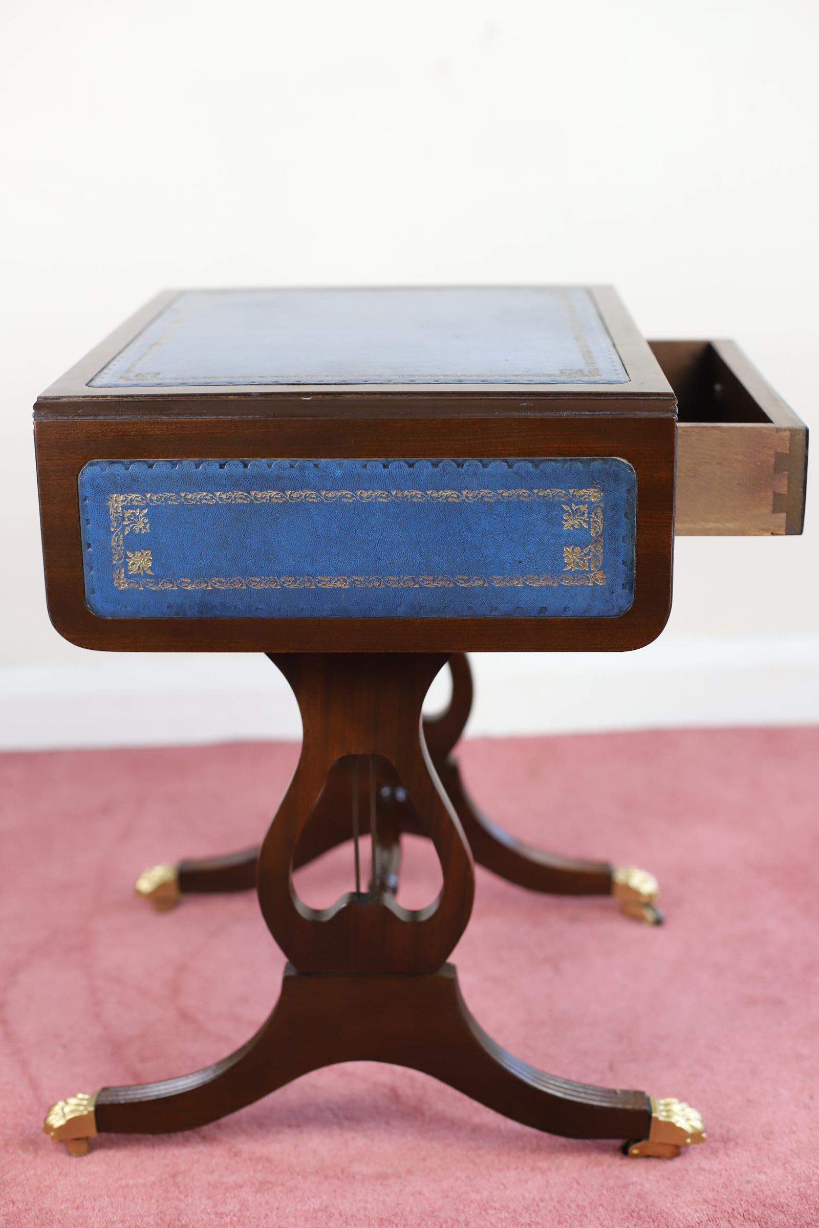 20th Century Lovely Vintage Blue Leather Side Table 