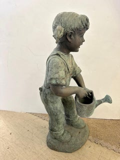 Lovely Vintage Bronze Garden Statue of Young Girl with Watering Can
