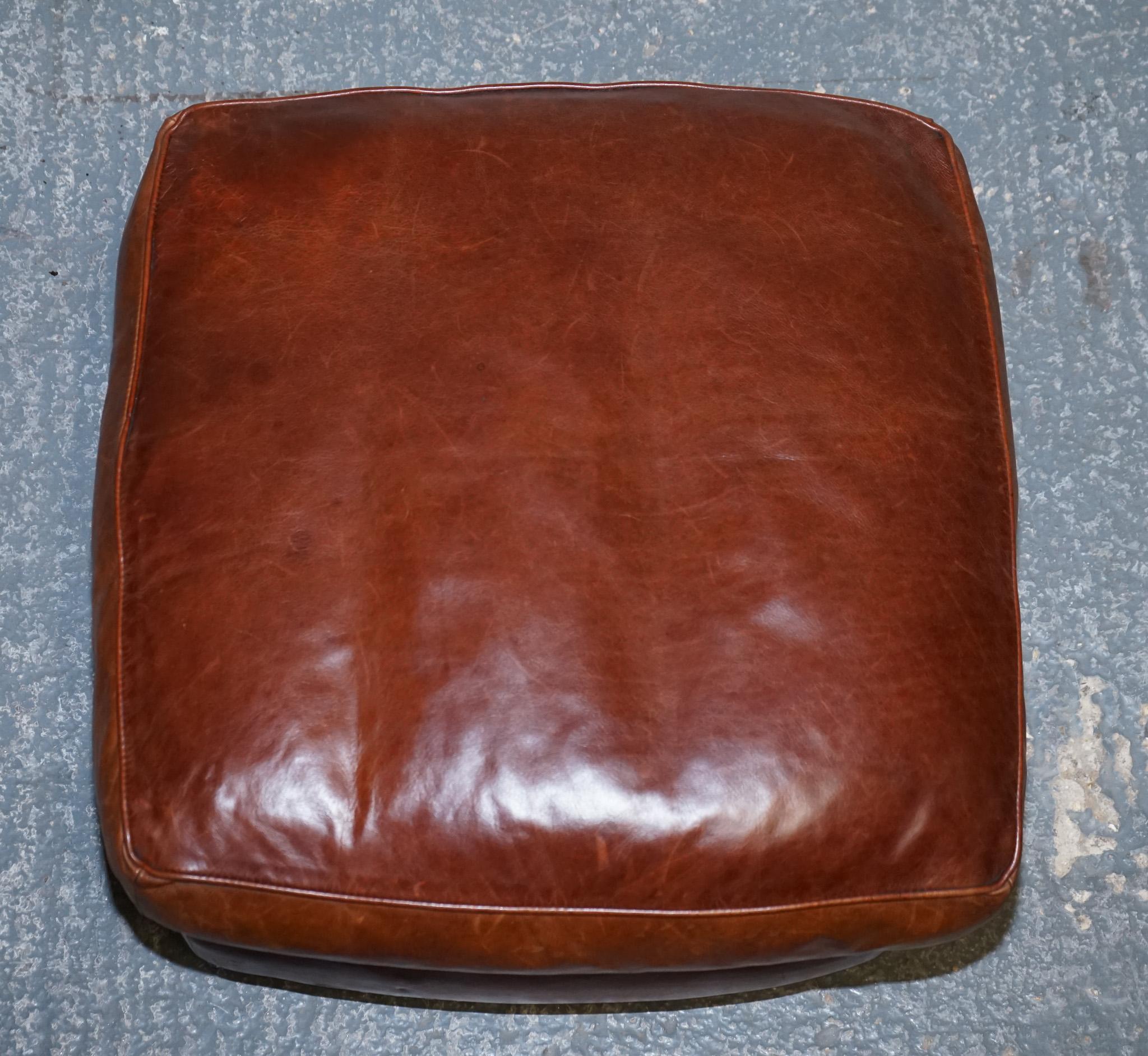 LOVELY VINTAGE BROWN LEATHER FOOTSTOOL FEATHER FILLED BRASS STUDS DETAiL For Sale 3