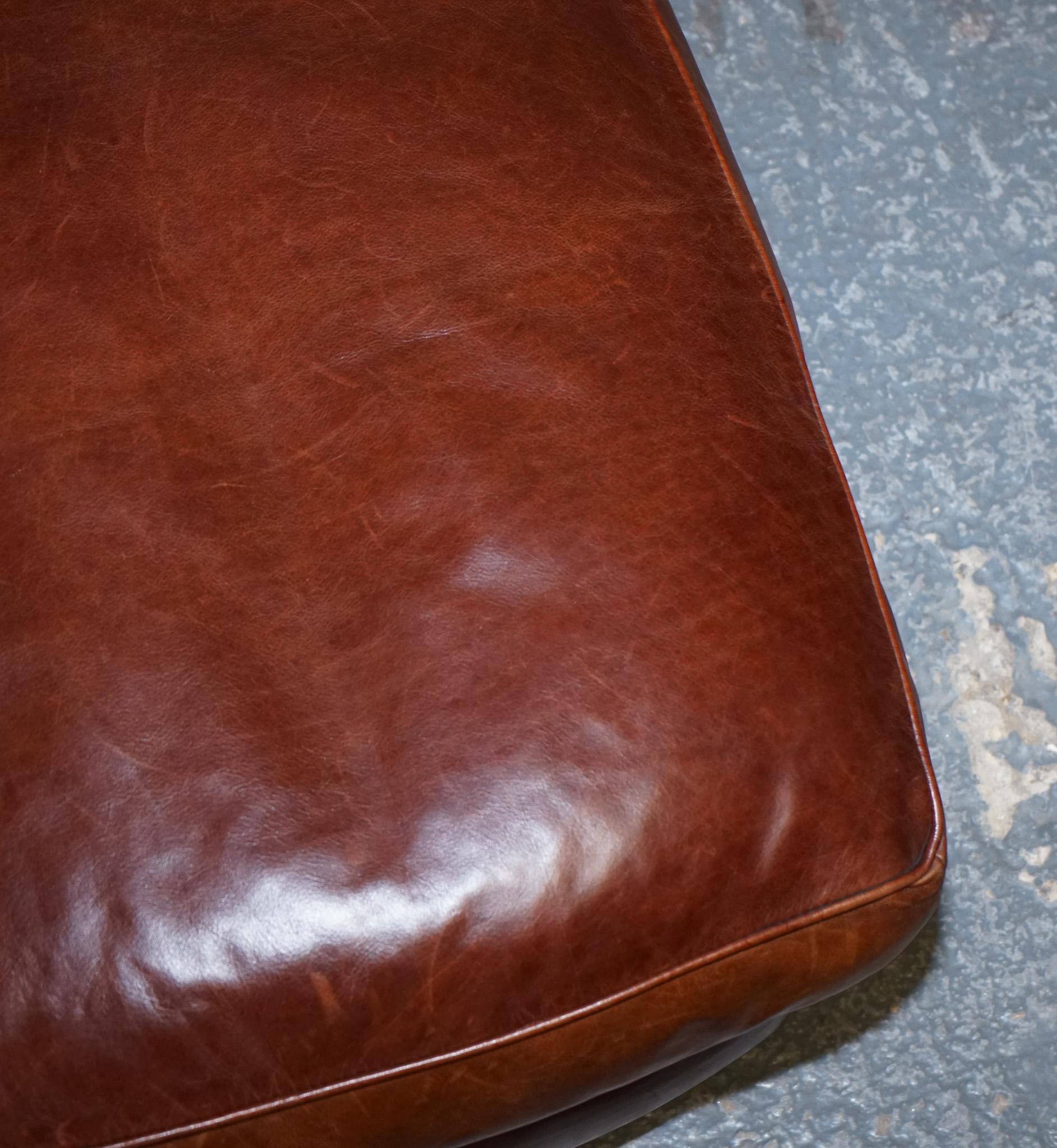 LOVELY VINTAGE BROWN LEATHER FOOTSTOOL FEATHER FILLED BRASS STUDS DETAiL For Sale 6