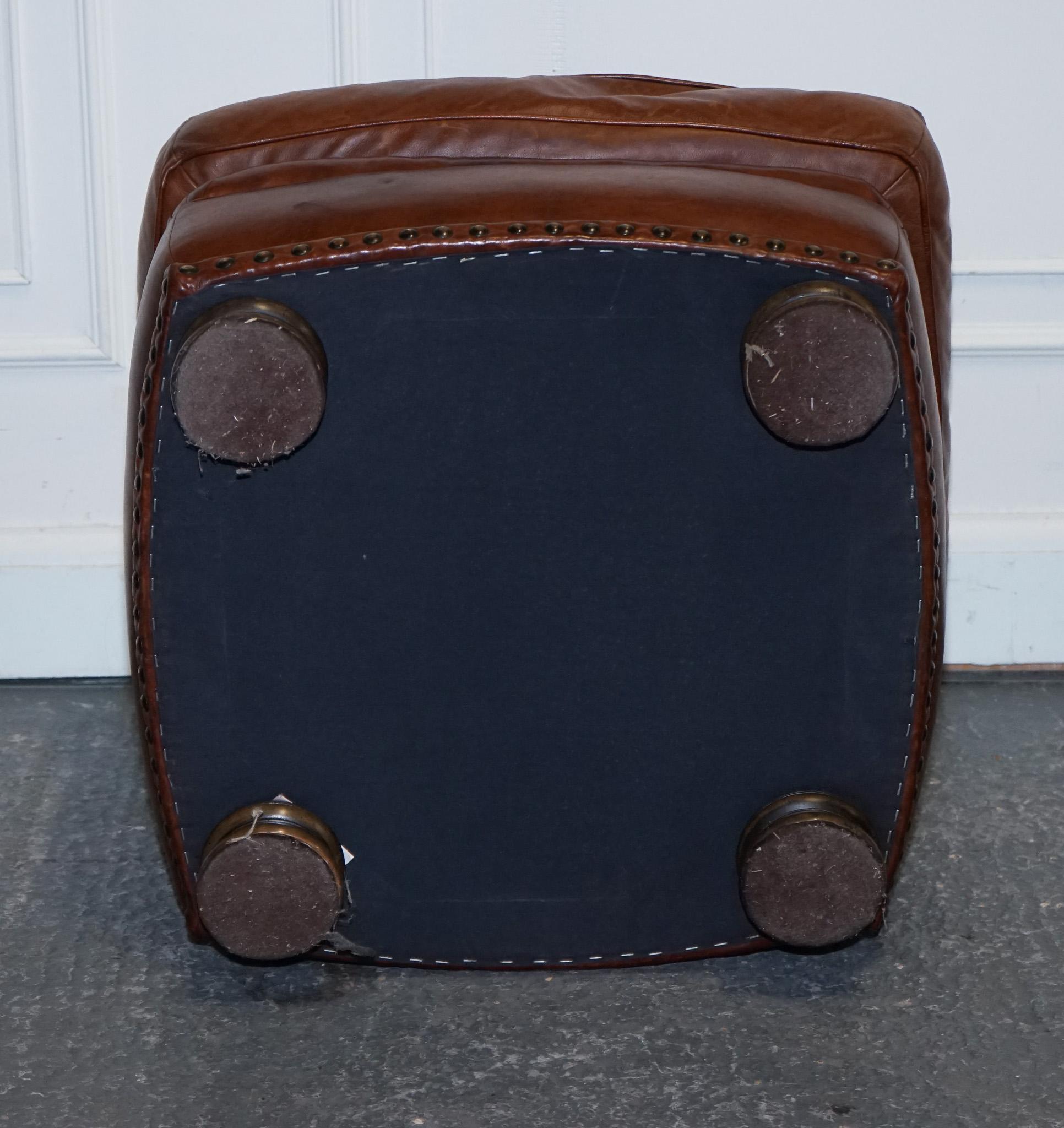 LOVELY VINTAGE BROWN LEATHER FOOTSTOOL FEATHER FILLED BRASS STUDS DETAiL For Sale 8