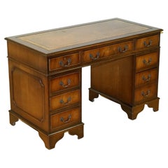 Lovely Vintage Brown Leather Gold Embossed Top Hardwood Pedestal Desk