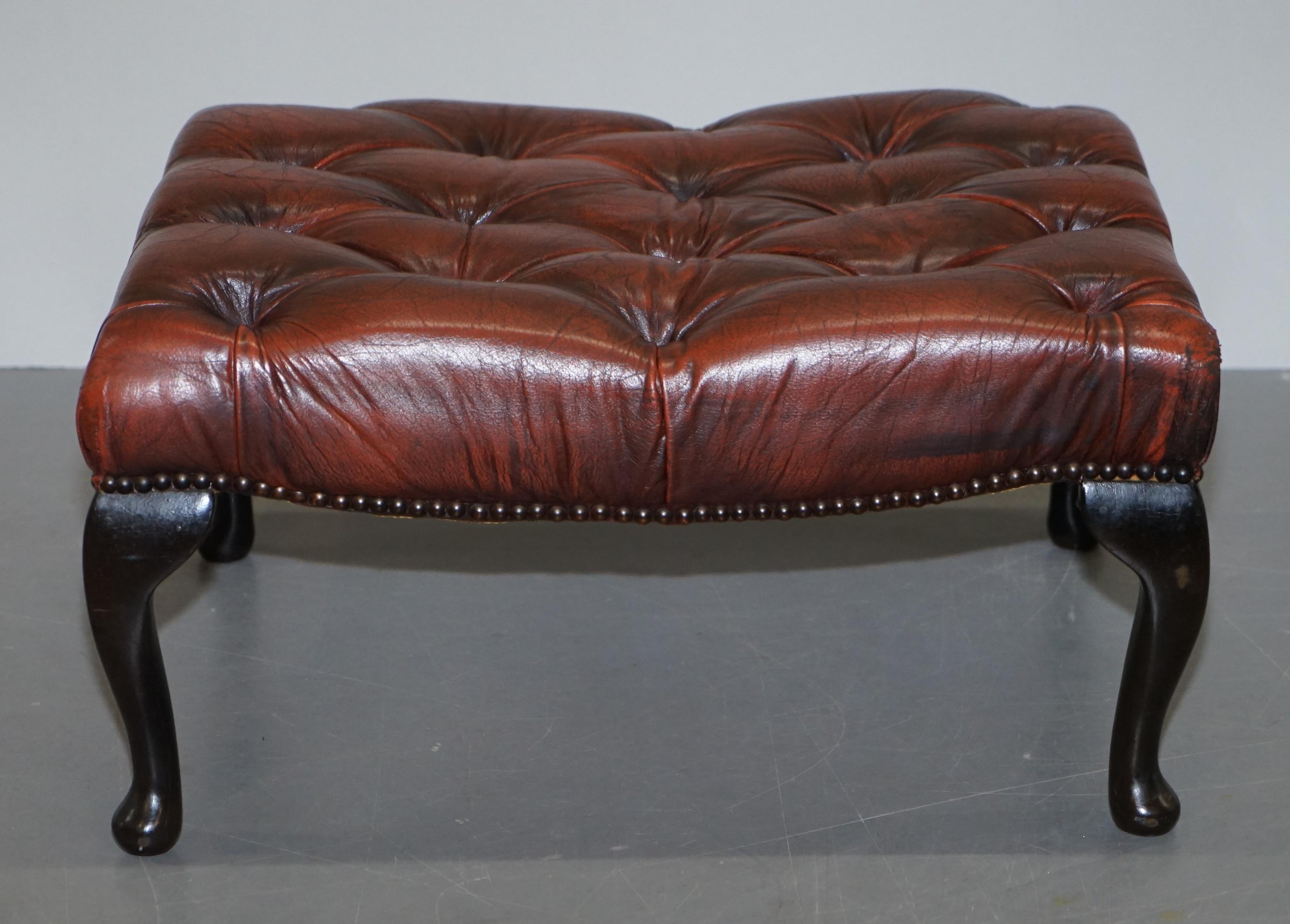 English Lovely Vintage Brown Leather Large Chesterfield Tufted Two Person Footstool