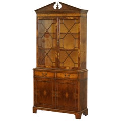 Lovely Vintage Burr Walnut Astral Glazed Library Bookcase Dresser Cabinet Unit
