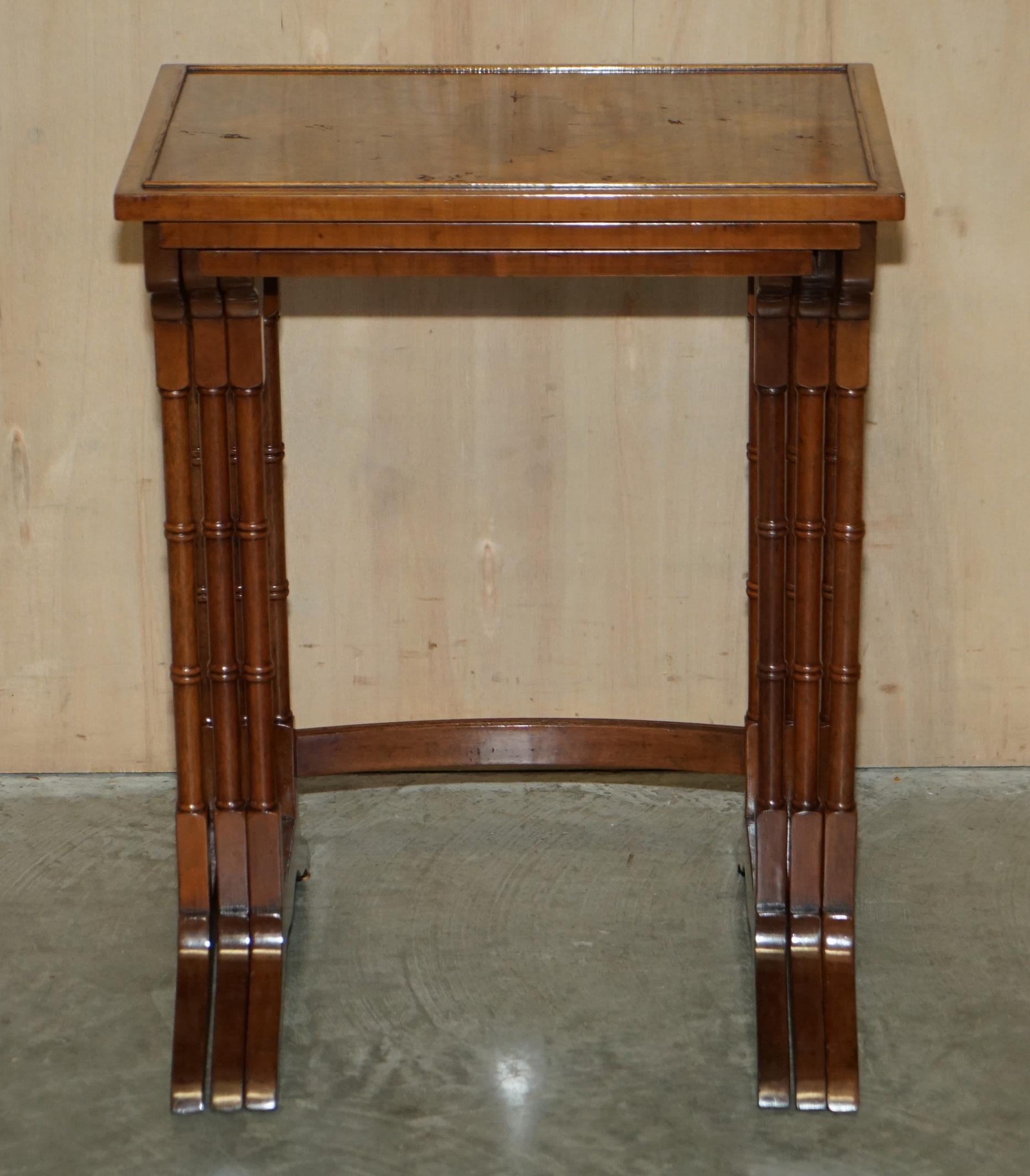 Lovely Vintage Burr Walnut Chippendale Style Nest of Three Side End Lamp Tables For Sale 1
