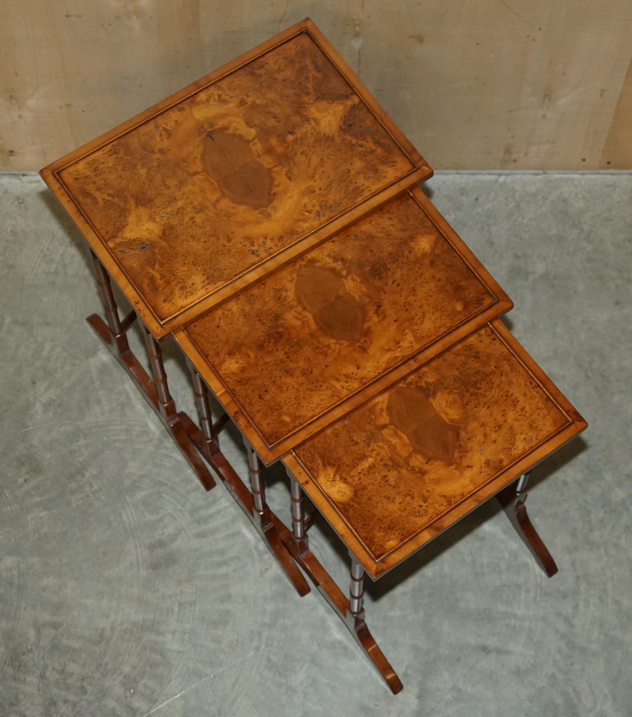 Hand-Crafted Lovely Vintage Burr Walnut Chippendale Style Nest of Three Side End Lamp Tables For Sale