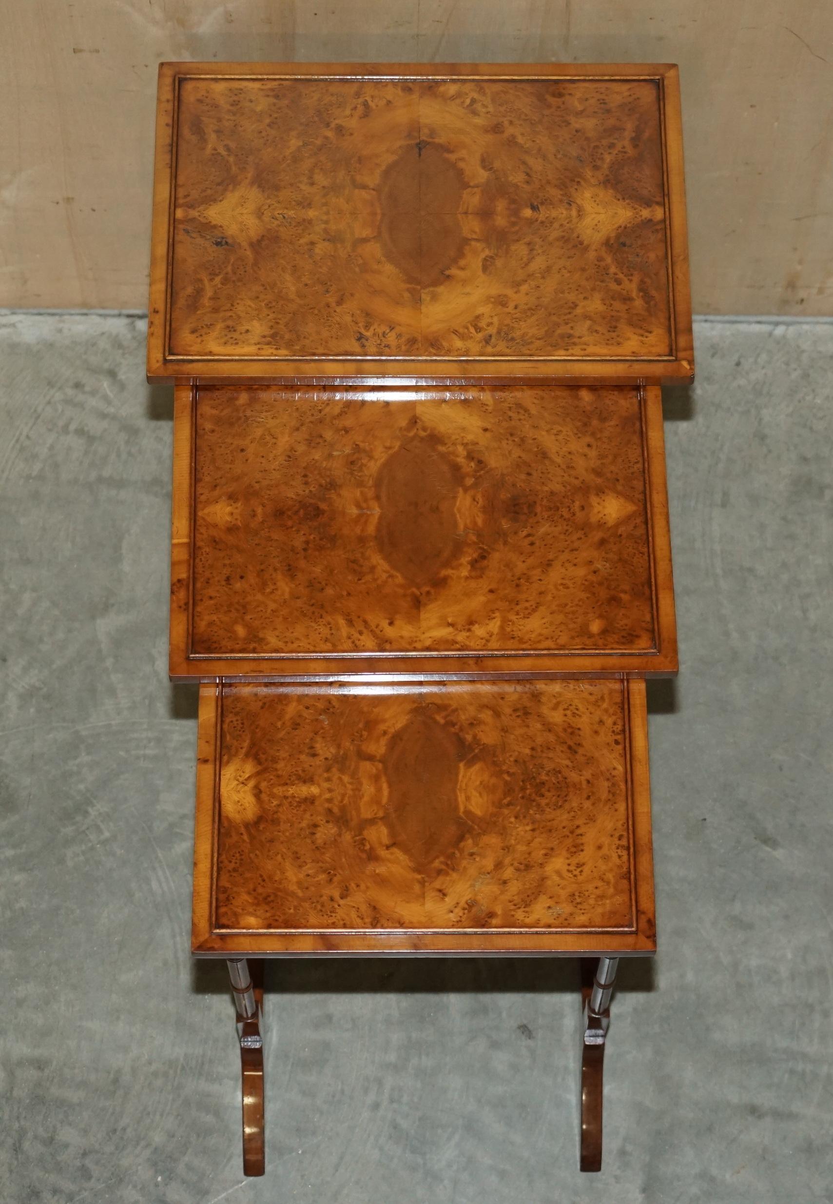 20th Century Lovely Vintage Burr Walnut Chippendale Style Nest of Three Side End Lamp Tables For Sale